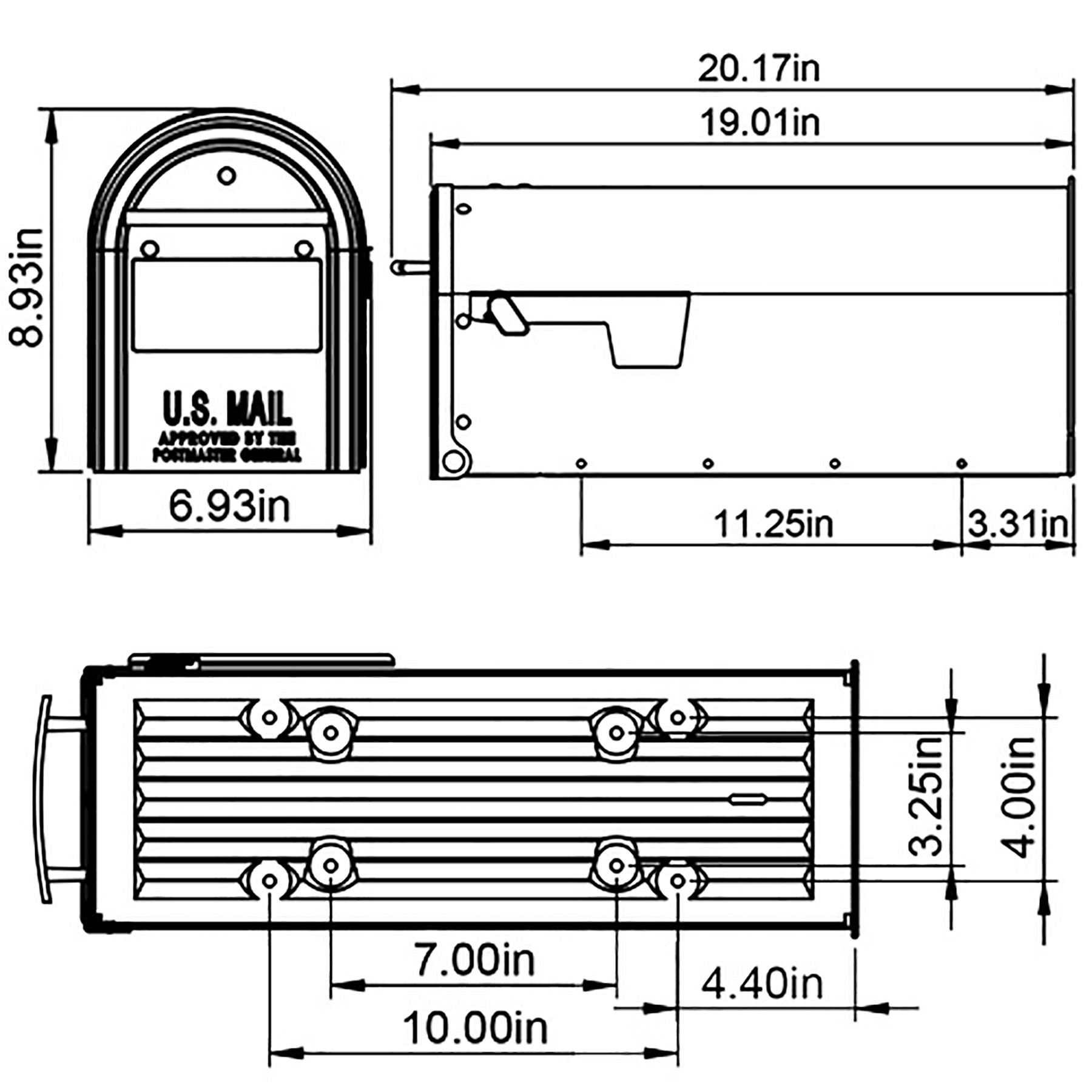 Technical drawing of a USPS curbside mailbox with front and side views and measurement lines in inches, showing overall dimensions and internal components.