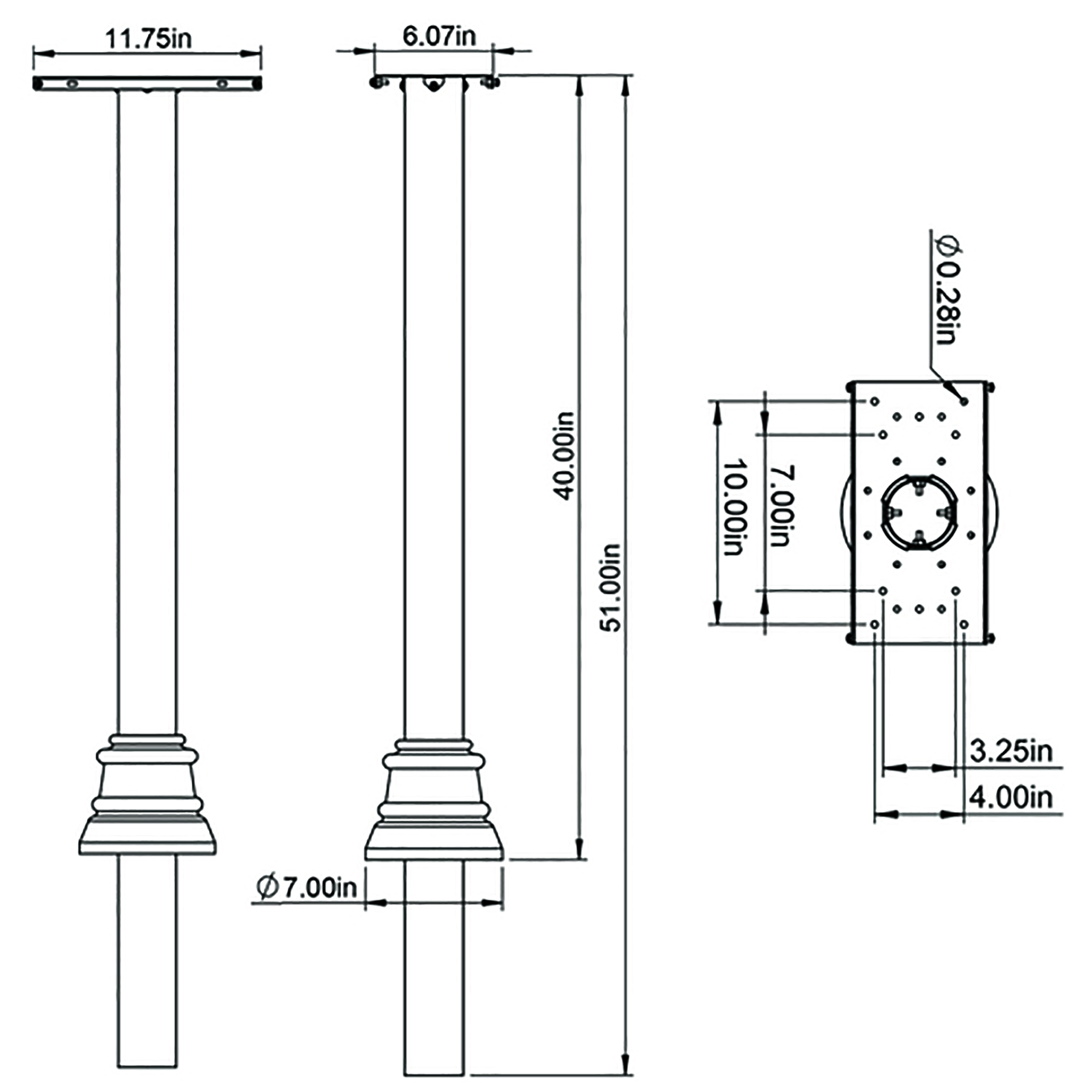 Technical drawing of an outdoor lamp post mounting kit showing two posts with decorative bases and a wall mounting plate with dimensions.