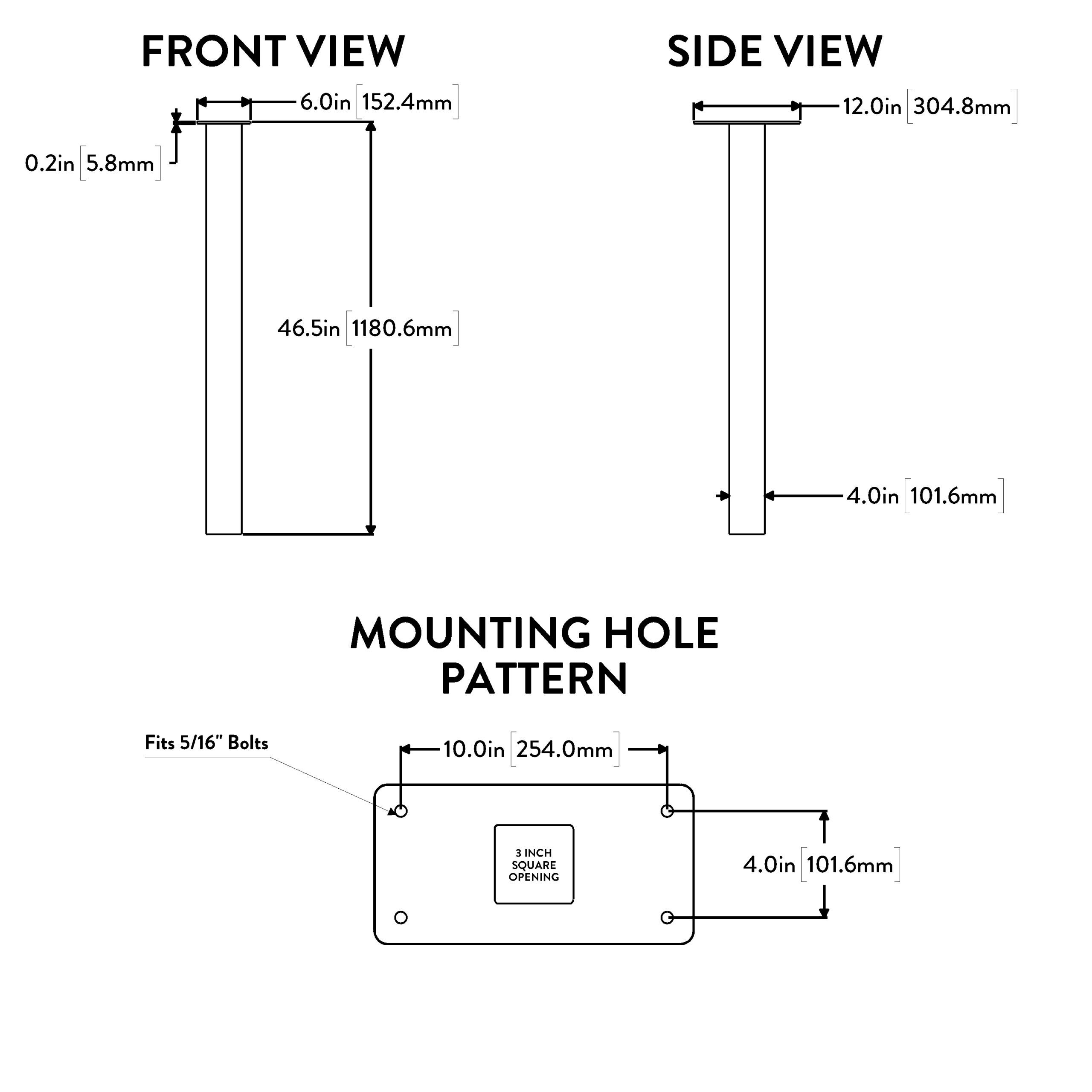 Engineering drawing with front and side views and mounting hole pattern dimensions for a tall rectangular post.