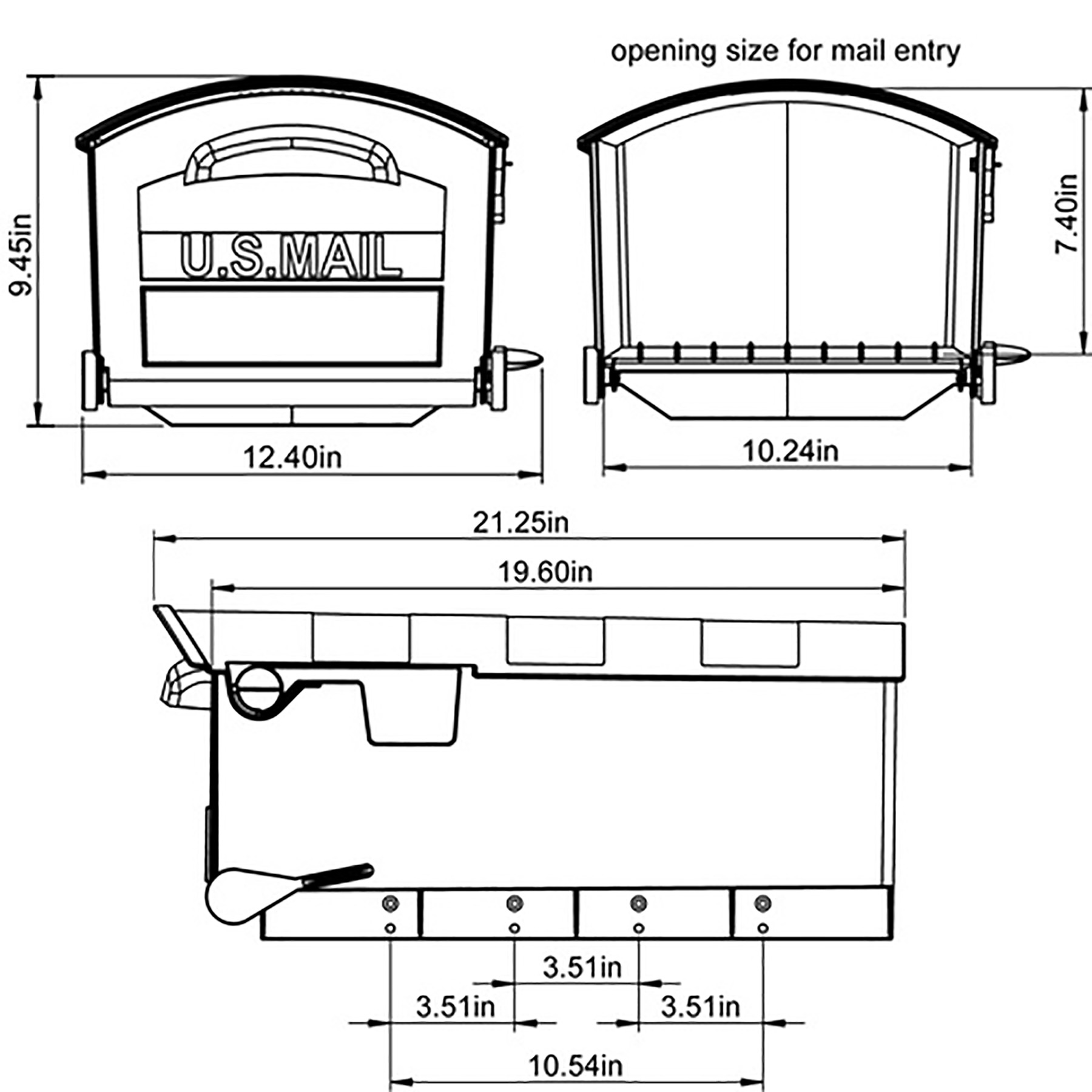 Engineering drawing of a U.S. Mail receptacle with front and side views and overall length noted