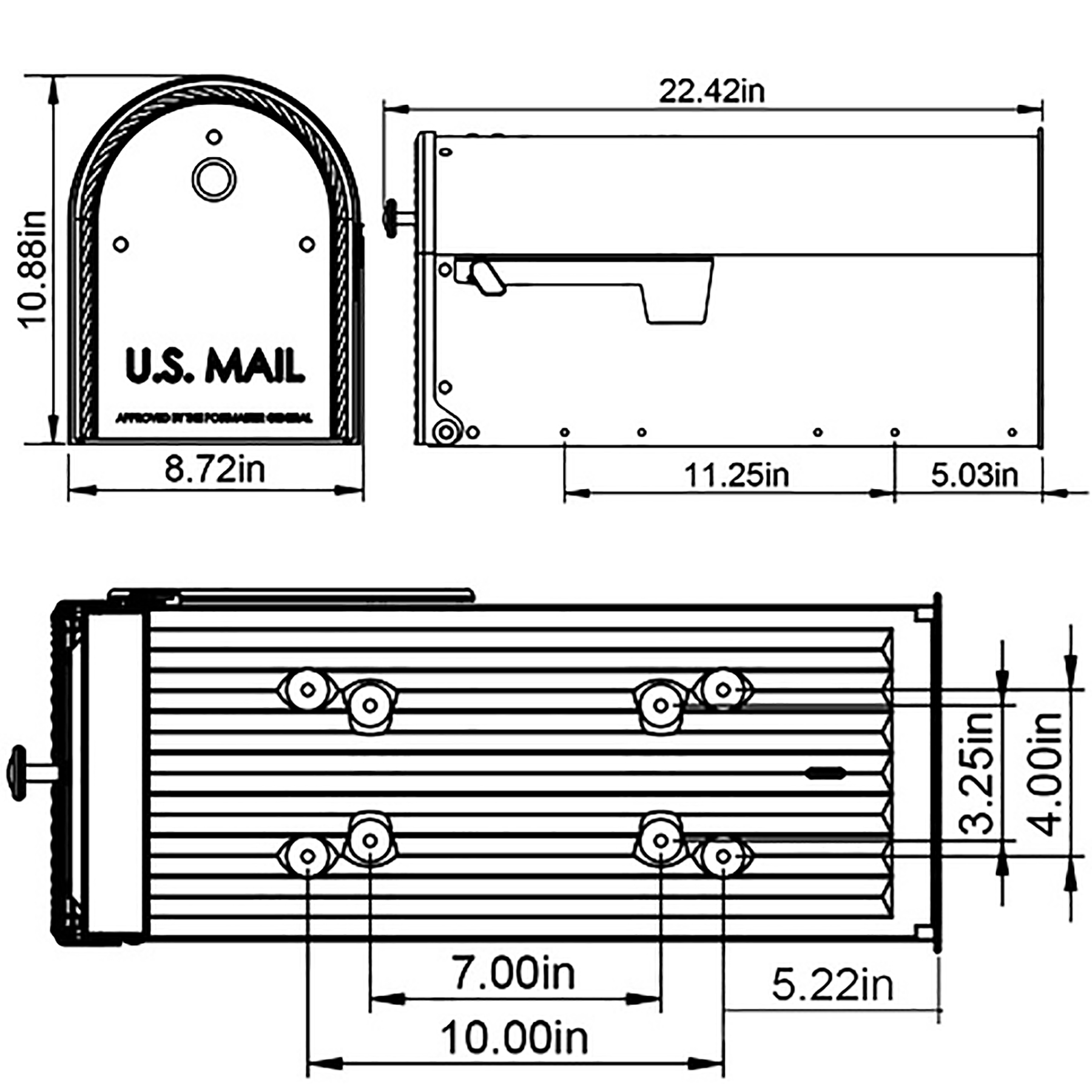 Technical drawing showing a small U.S. Mail drop box beside a long rectangular machine, with side/top views and inch dimensions (e.g., 22.42 in length, 10.88 in height).