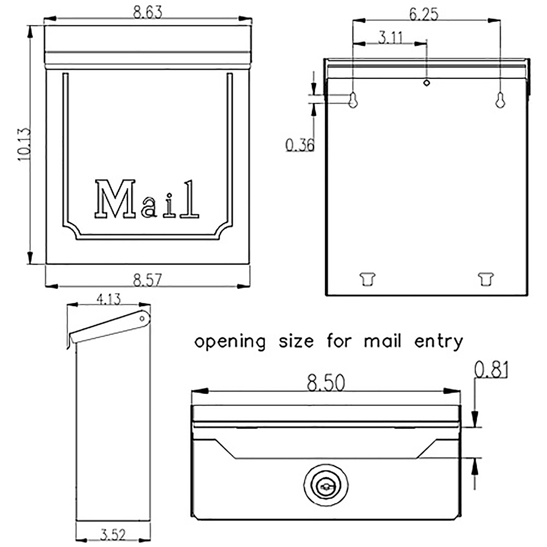 Technical drawing of a mail entry box showing front, back, and side views with dimensions: outer width 8.63, height 10.13, inner slot opening 8.50 wide and 0.81 high; includes side depth and mounting details.