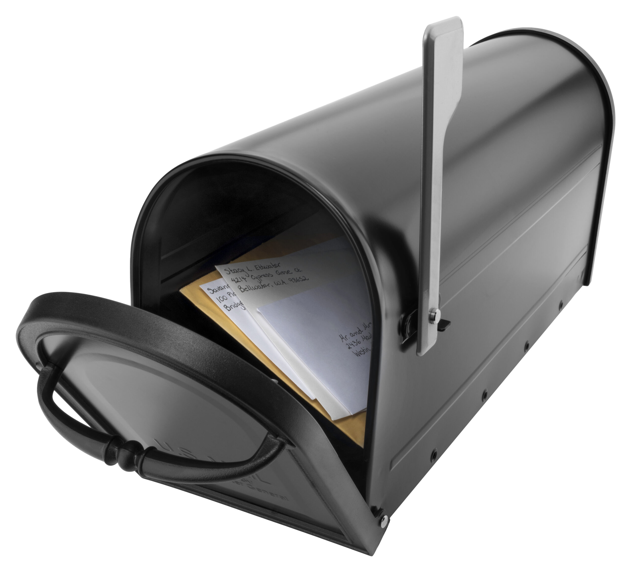 Open black metal mailbox with stacked envelopes visible inside, flag raised on the side