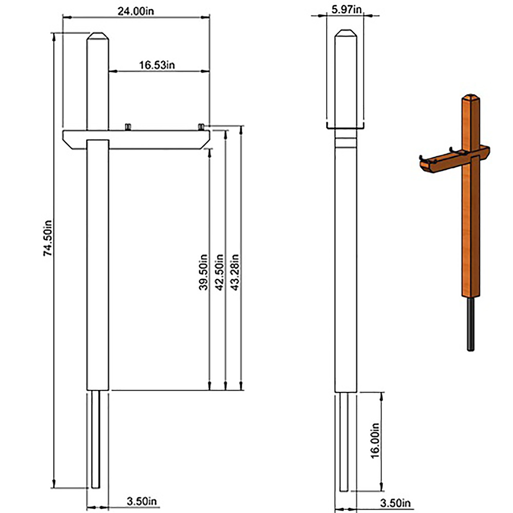 Technical drawing of a tall post with a horizontal bracket, overall height 74.50 in with dimensions labeled in inches.
