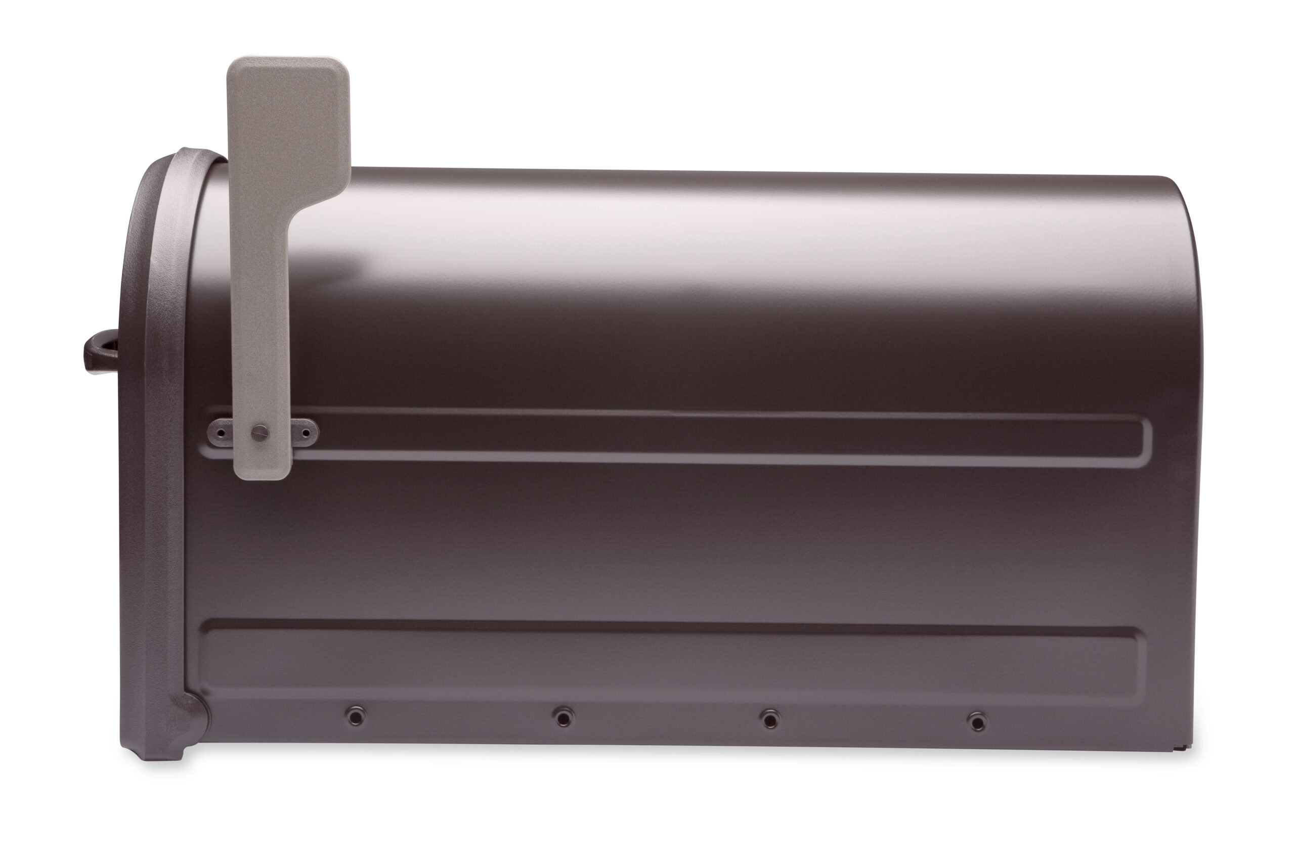 Side view of a dark gray metal curbside mailbox with a raised flag on the left.