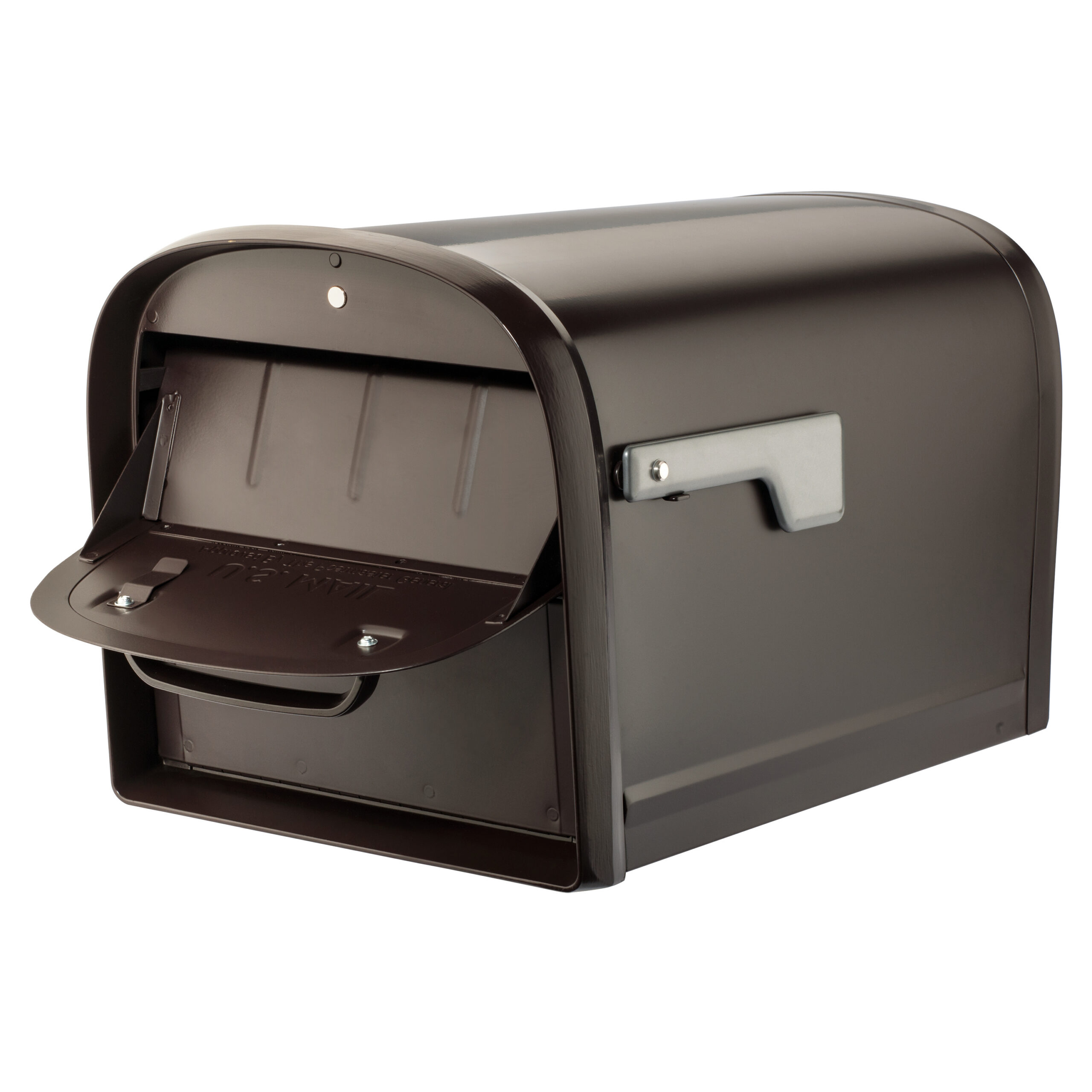 Brown metal curbside mailbox with its front door open, revealing the mail slot and interior compartment on a white background.
