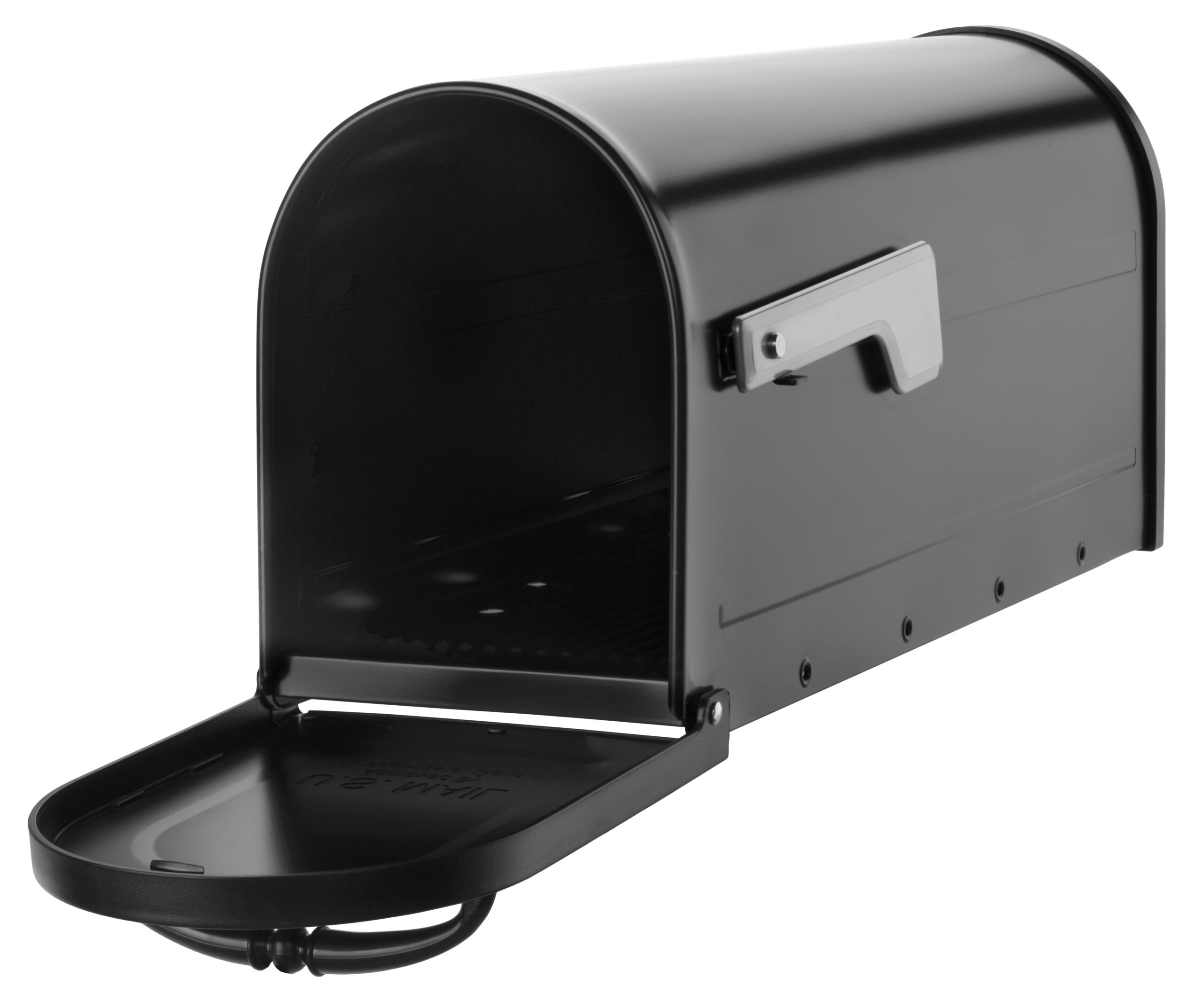 Black metal curbside mailbox with its front door open, showing the interior cavity and curved top edge.
