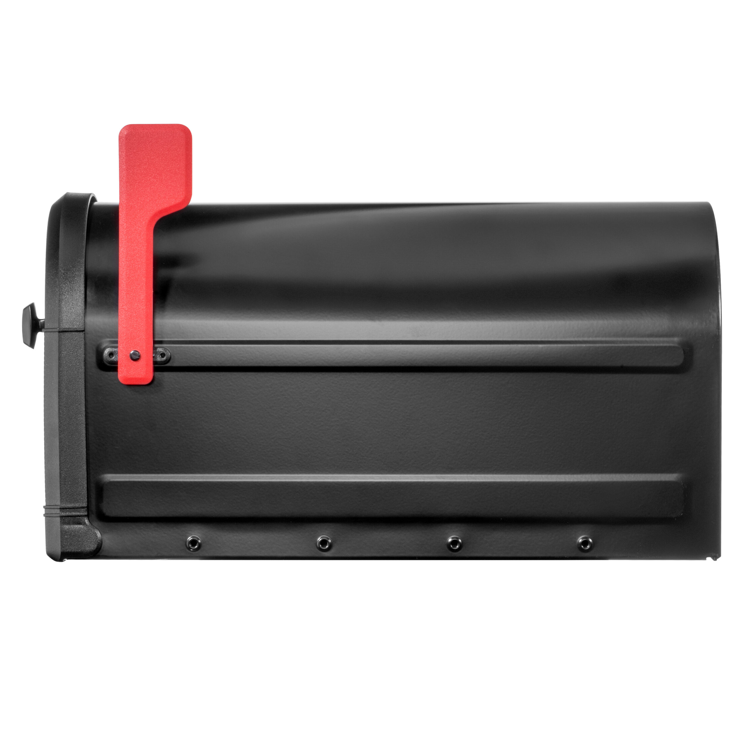 A black mailbox with a red flag raised, against a white background.