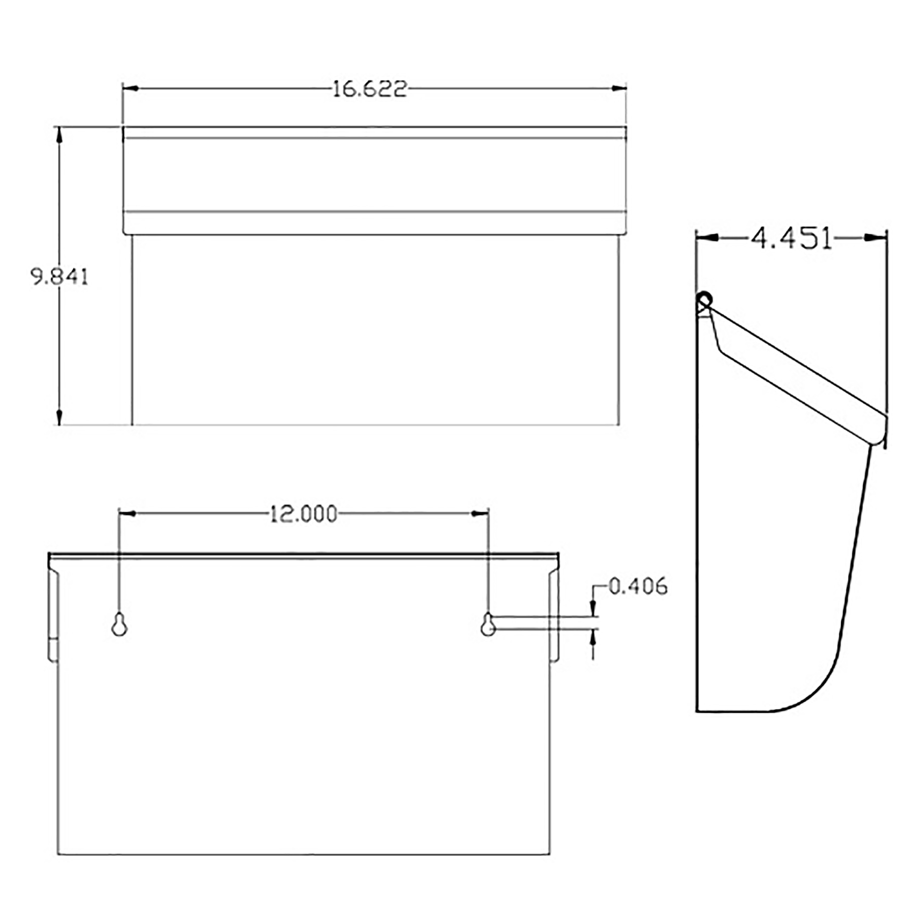 Technical drawing of a rectangular enclosure with a curved front edge, shown with multiple views and dimensions (width 16.622 units, height 9.841 units) and mounting holes on the back panel; side view indicates a curved lip and 4.451 unit offset from the wall.