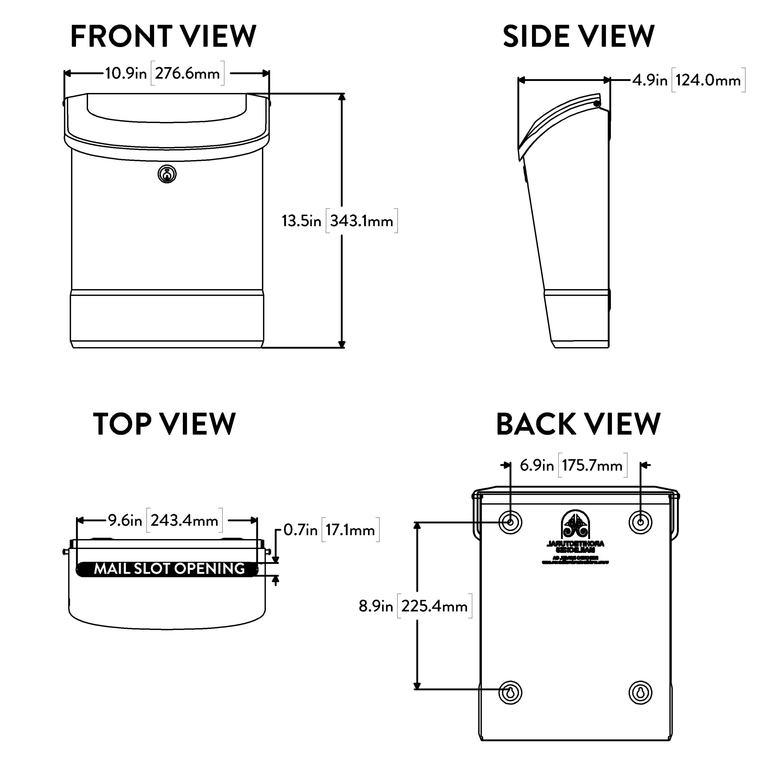Four-view technical schematic of a box-shaped unit with a mail slot, showing front, side, top, and back views with dimensions in inches and millimeters.