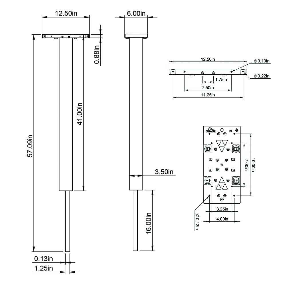 Technical drawing of a tall post-mounted bracket shown in three views with dimensions: overall height 57.09 in, top flange about 12.50 in wide, post length 41.00 in with a 0.88 in thickness, lower extension 16.00 in, and a side view showing 6.00 in width for the top portion. Includes details of mounting holes and dimensions on the base plate (hole diameters 0.13–0.22 in) and a lower mounting section with 3.50 in/7.50 in measurements.