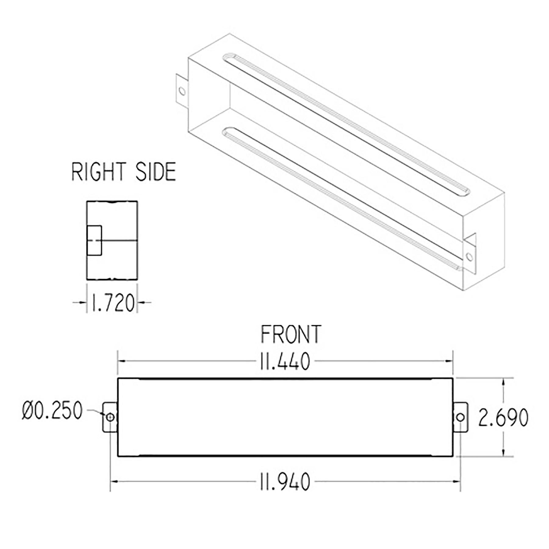 Isometric drawing of a rectangular wall-mounted linear light with two light slots on top and bottom elements.