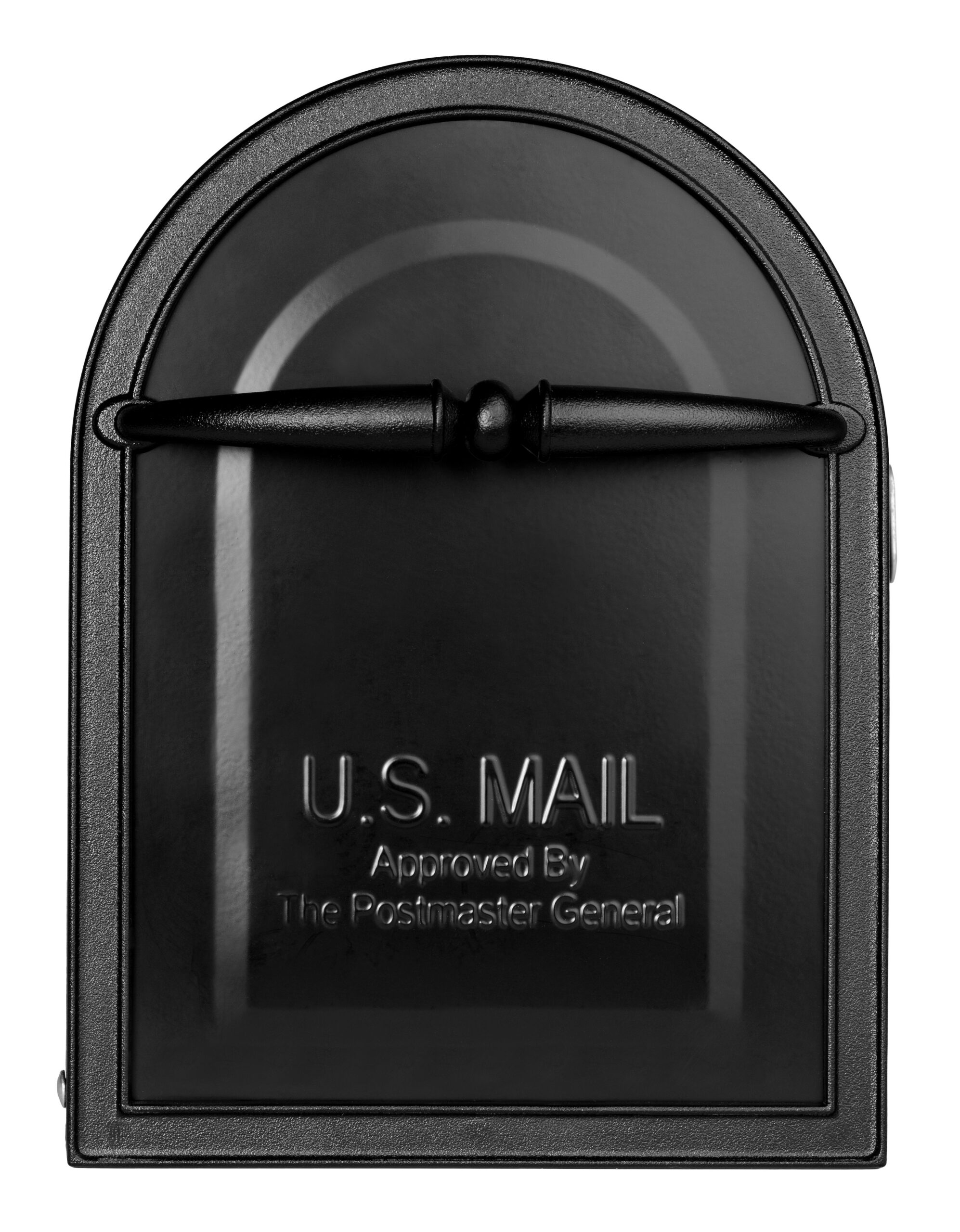 Close-up of a black U.S. Mail mailbox with a rounded top and a horizontal latch across the front door.