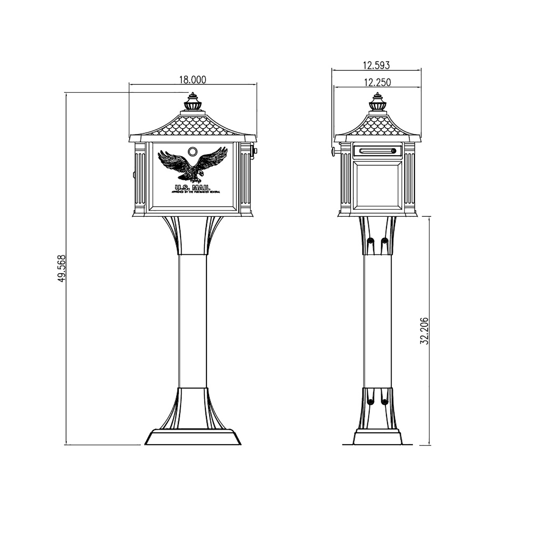 Technical drawing of a pedestal-mounted mailbox with front and side views, showing overall height 49.568 in, head width 18 in, and pedestal height 32.206 in with dimension lines.