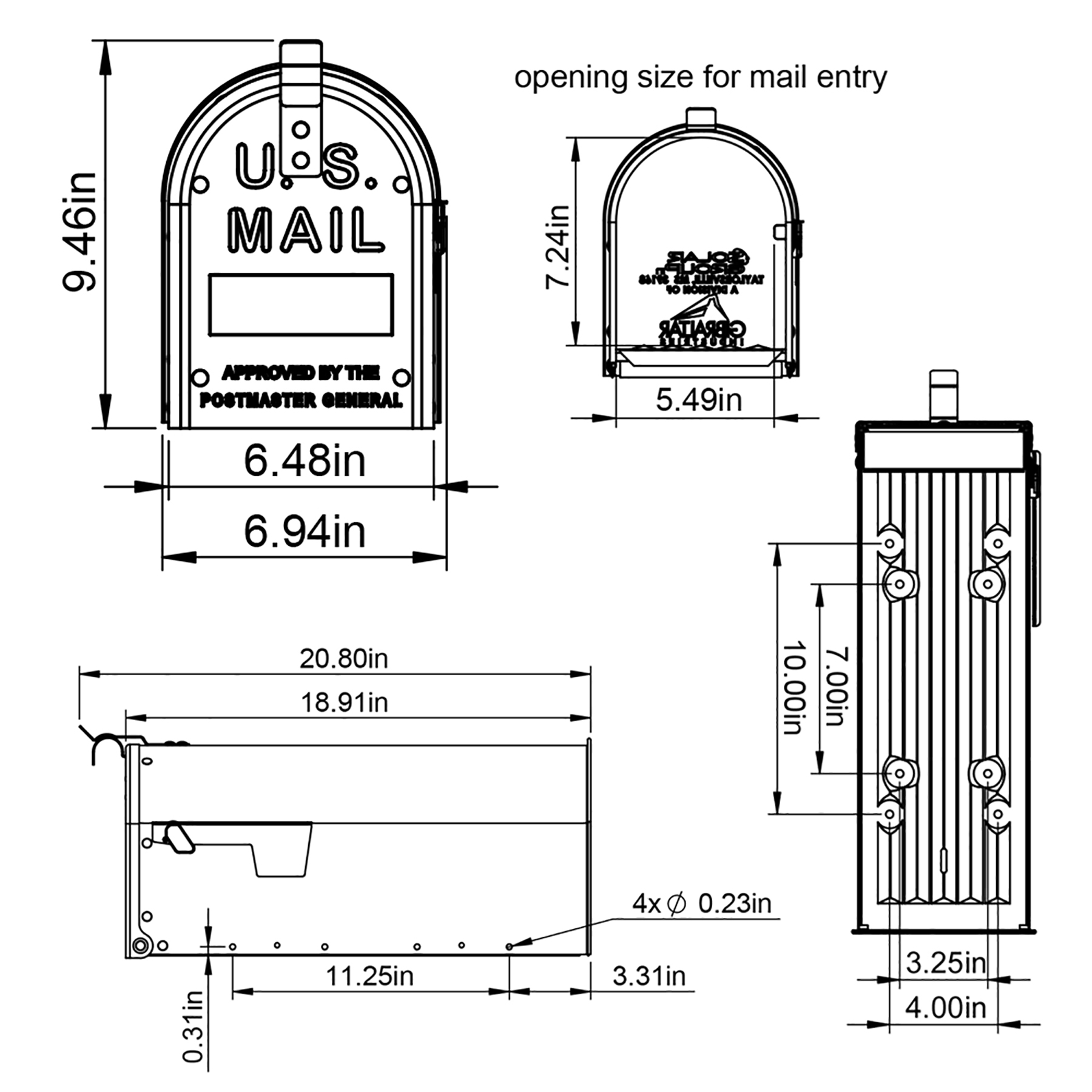 Technical multi-view drawing of a U.S. Mail drop box with dimensions: front, side, and top views showing overall size, mail entry opening, and mounting hole details.