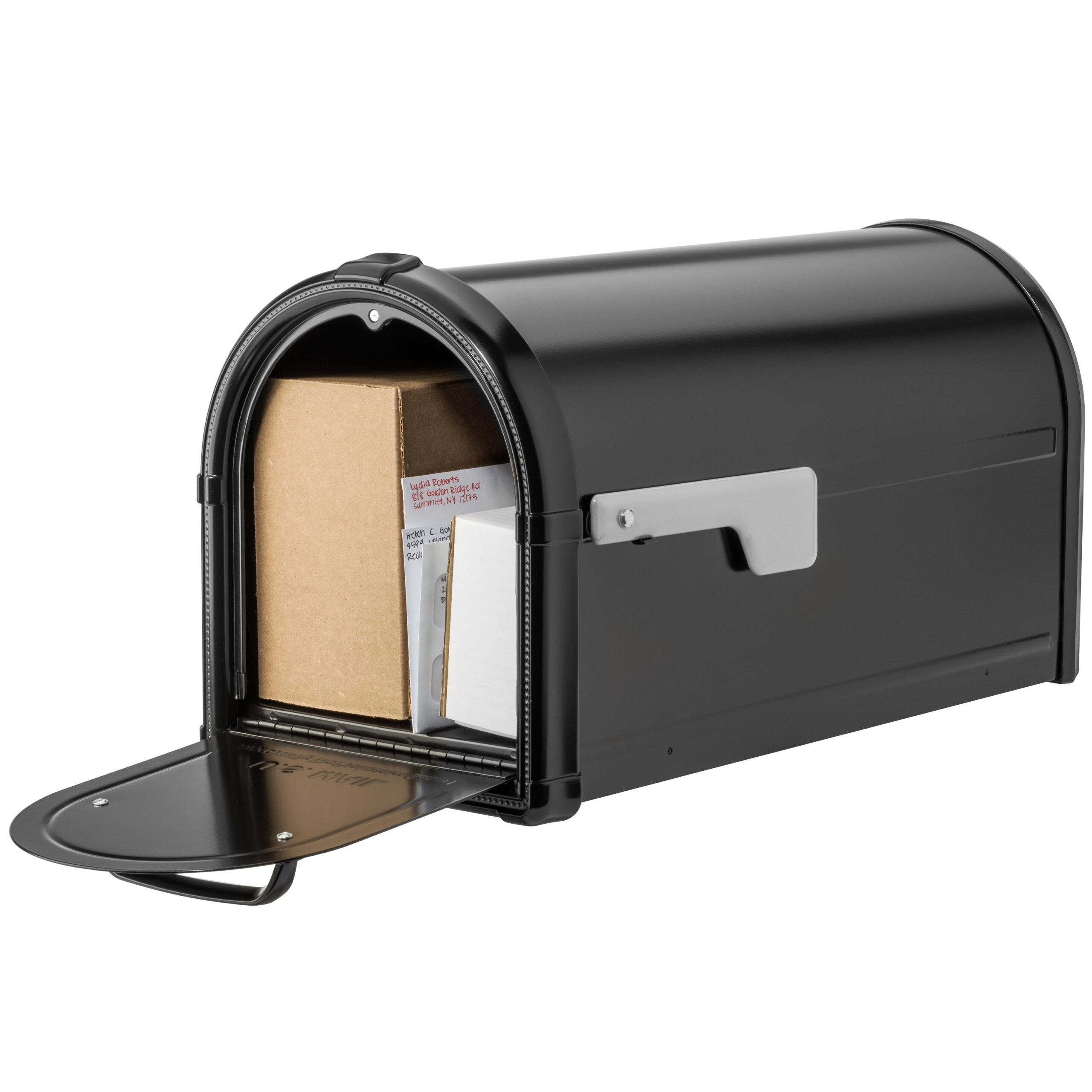 Black curved-top mailbox with the door open, showing envelopes and a small package inside.