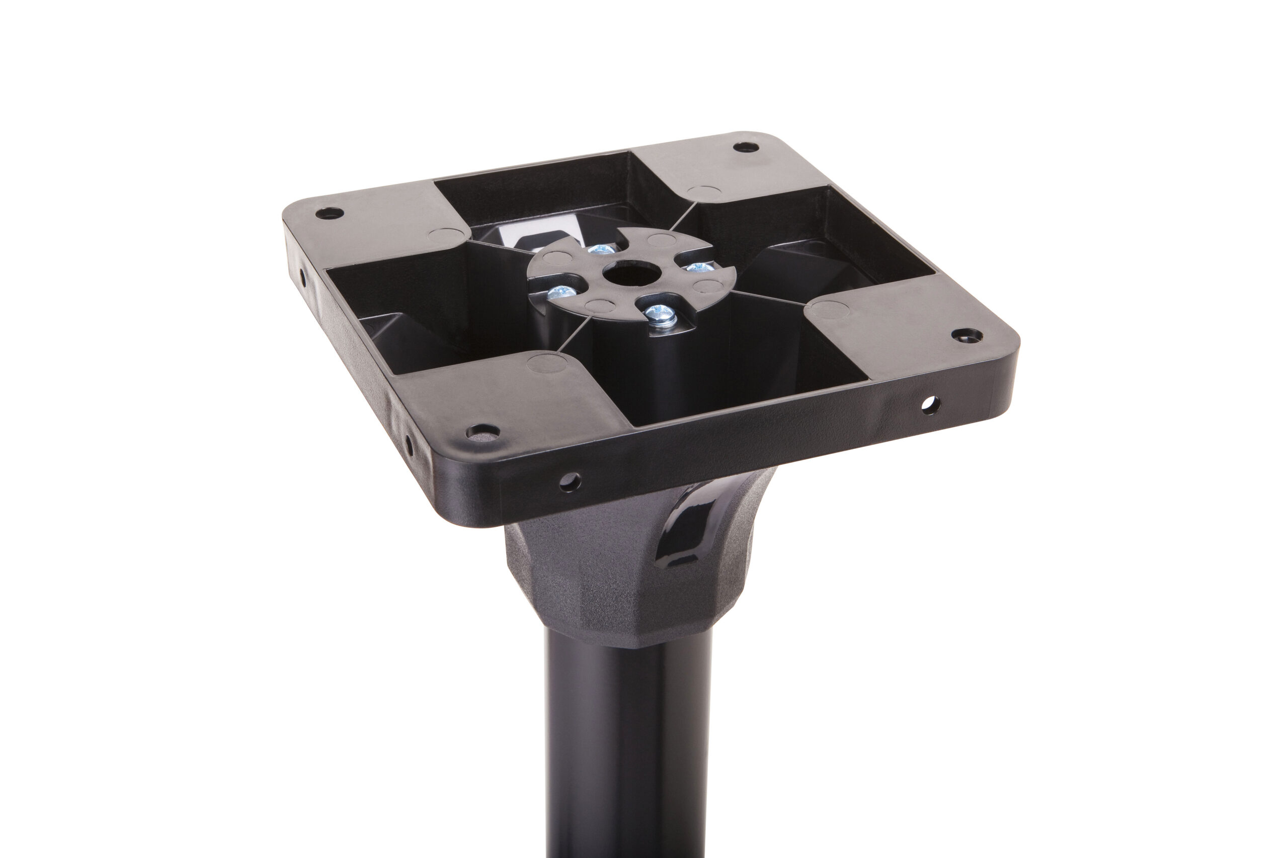 Black quick-release tripod plate attached to a vertical pole, showing screws and central mounting hole for a camera.