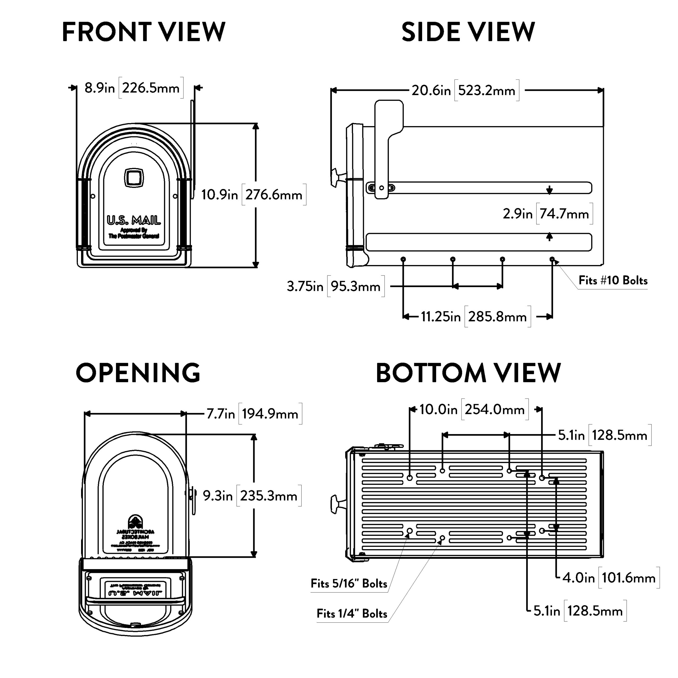 Engineering drawings of a U.S. Mail lock showing front, side, opening, and bottom views with critical dimensions in inches and millimeters (overall size, mounting holes, and bolt fittings).