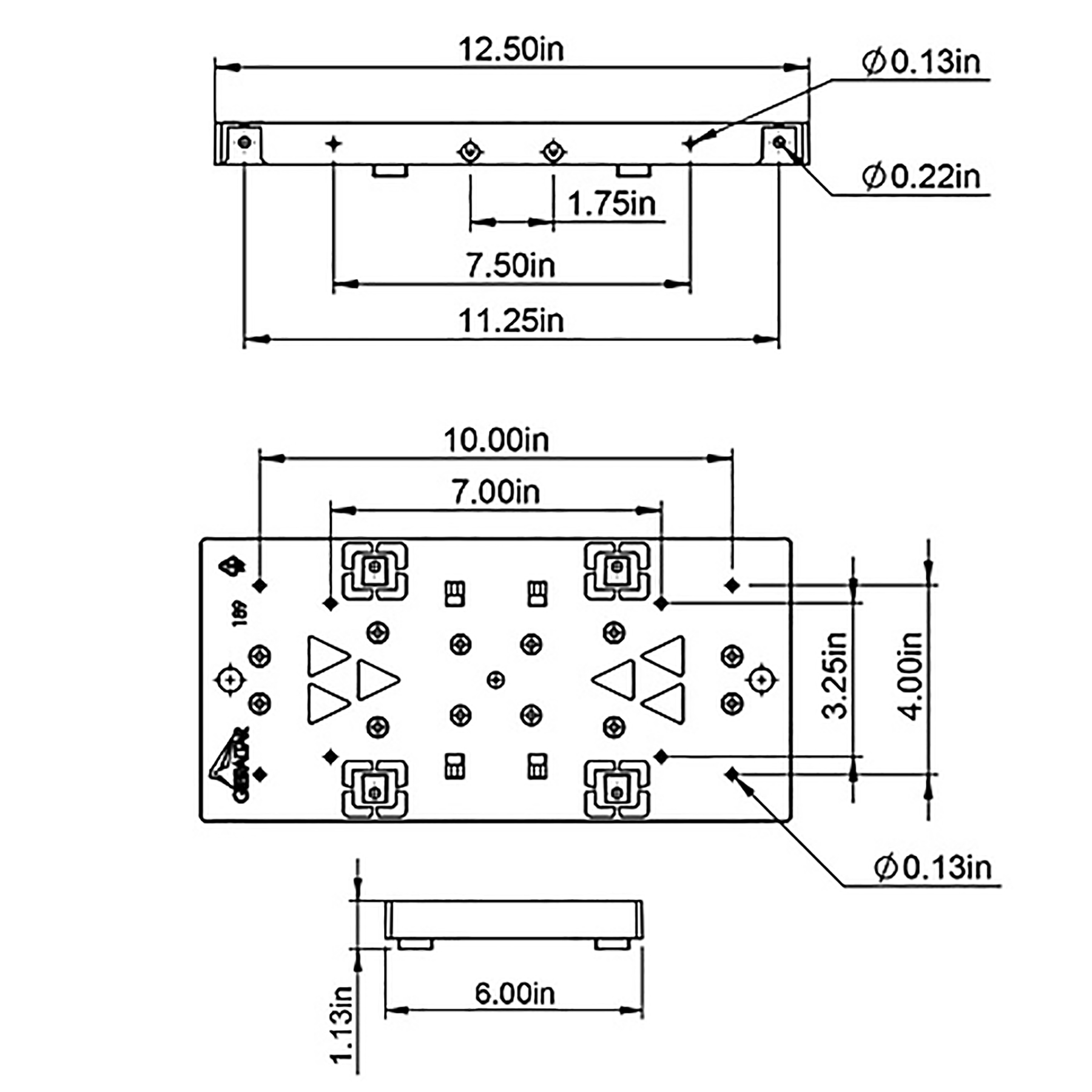 Engineering drawing of a rectangular mounting plate with top and side views, showing overall length ~12.5 in, width ~4.0 in, and multiple small mounting holes (Ø0.13 in, Ø0.22 in).