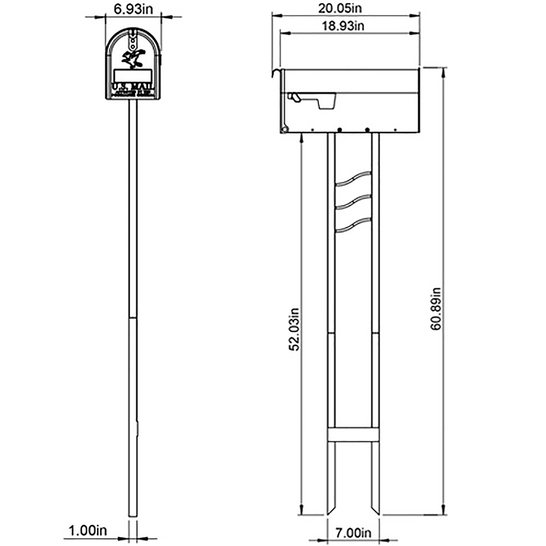 Engineering drawing of a tall post-mounted mailbox: an arched-top compartment on a rectangular box atop a long post, with a small emblem on the front and a U.S. label. Overall height 60.89 inches, head width about 20.05 inches, base width 7 inches. Various dimensions shown for mounting and spacing.