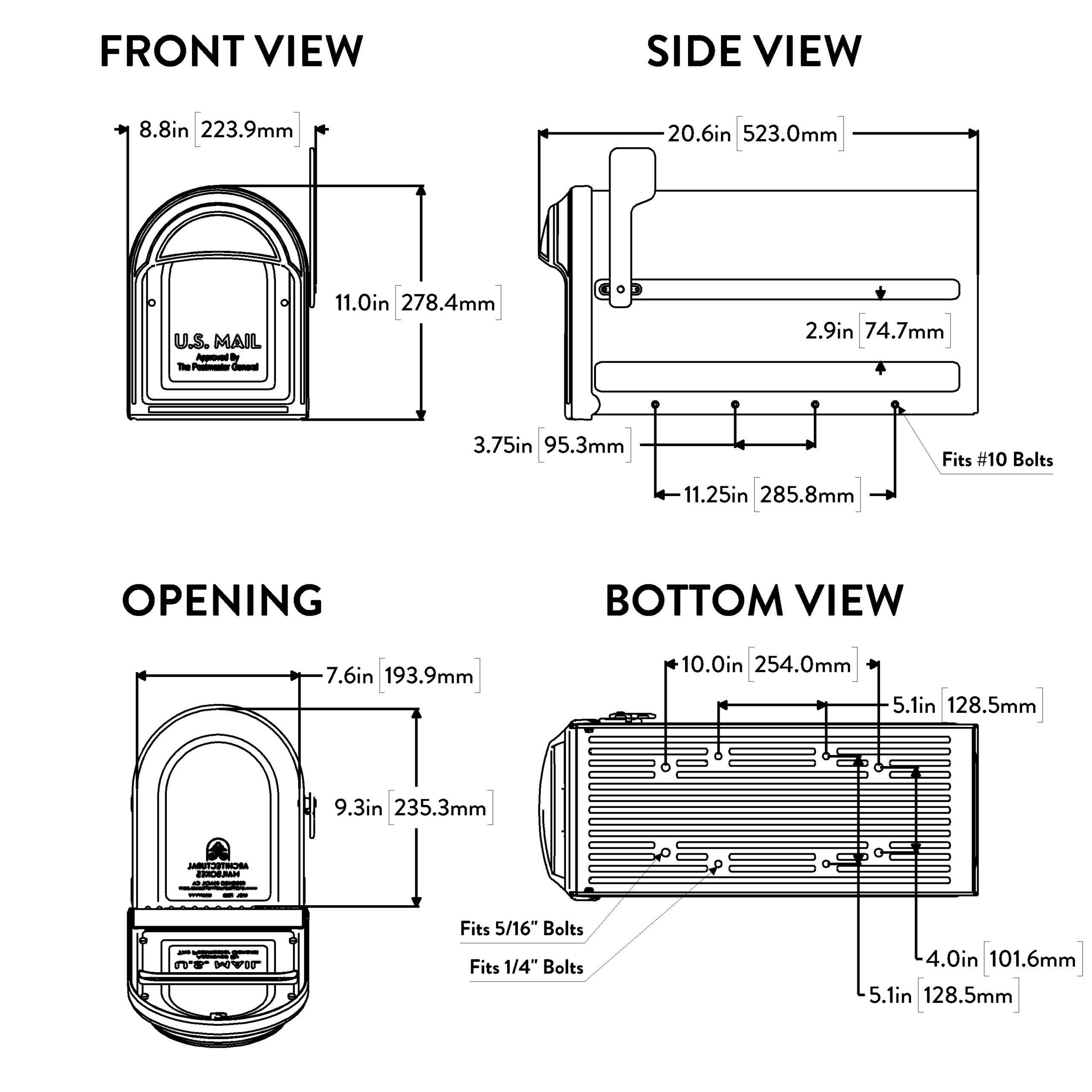 Technical blueprint of a mailbox showing front, side, opening, and bottom views with dimensions in inches and mm.