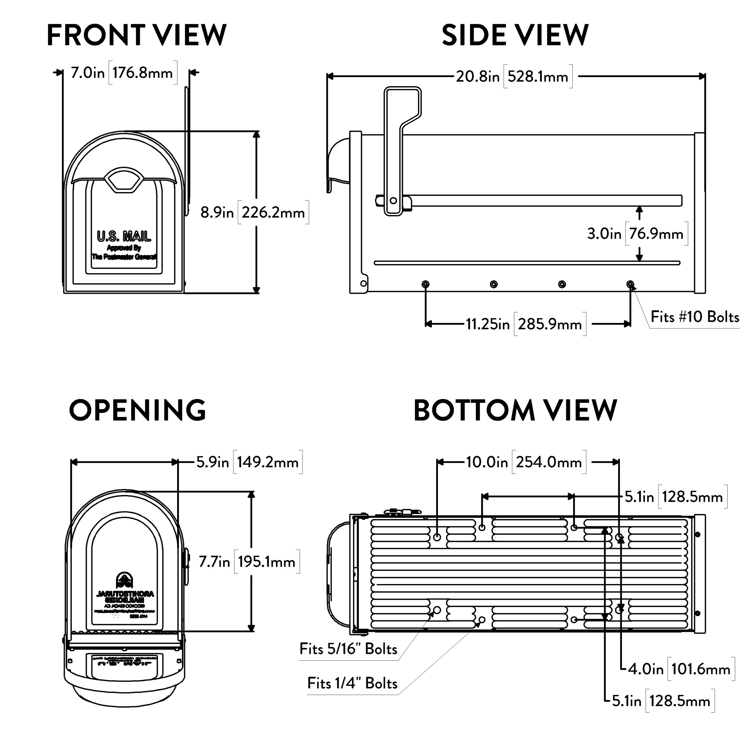 Technical drawing of a wall-mounted mailbox showing front, side, opening, and bottom views with detailed dimensions, bolt-hole locations, and mounting options (e.g., fits #10 bolts, 5/16" and 1/4" bolts). The front view displays a small mailbox with a U.S. Mail label.