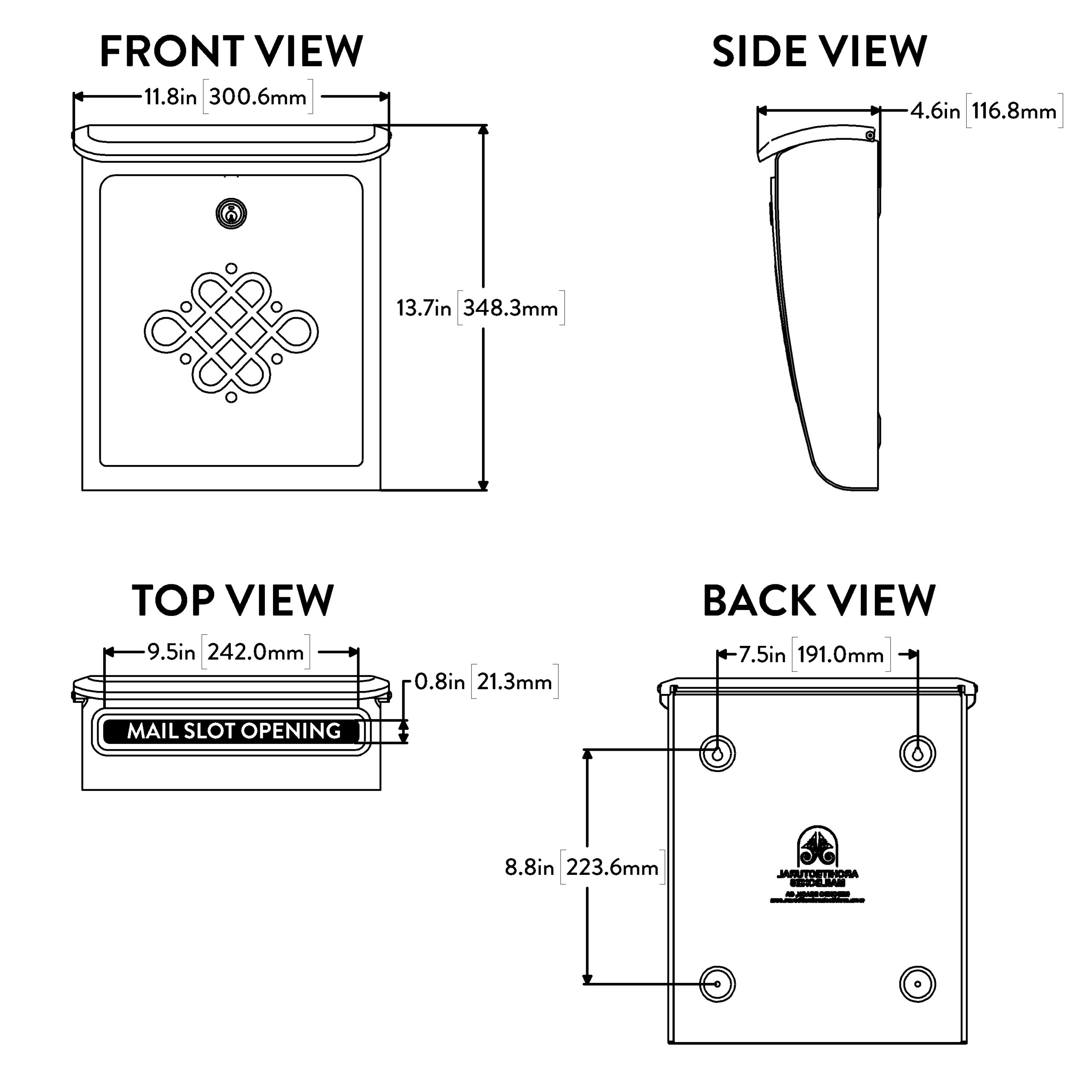 Technical drawing of a mail-slot device showing front, side, top, and back views with dimensions in inches and millimeters. This informs spacing and size for installation and use.