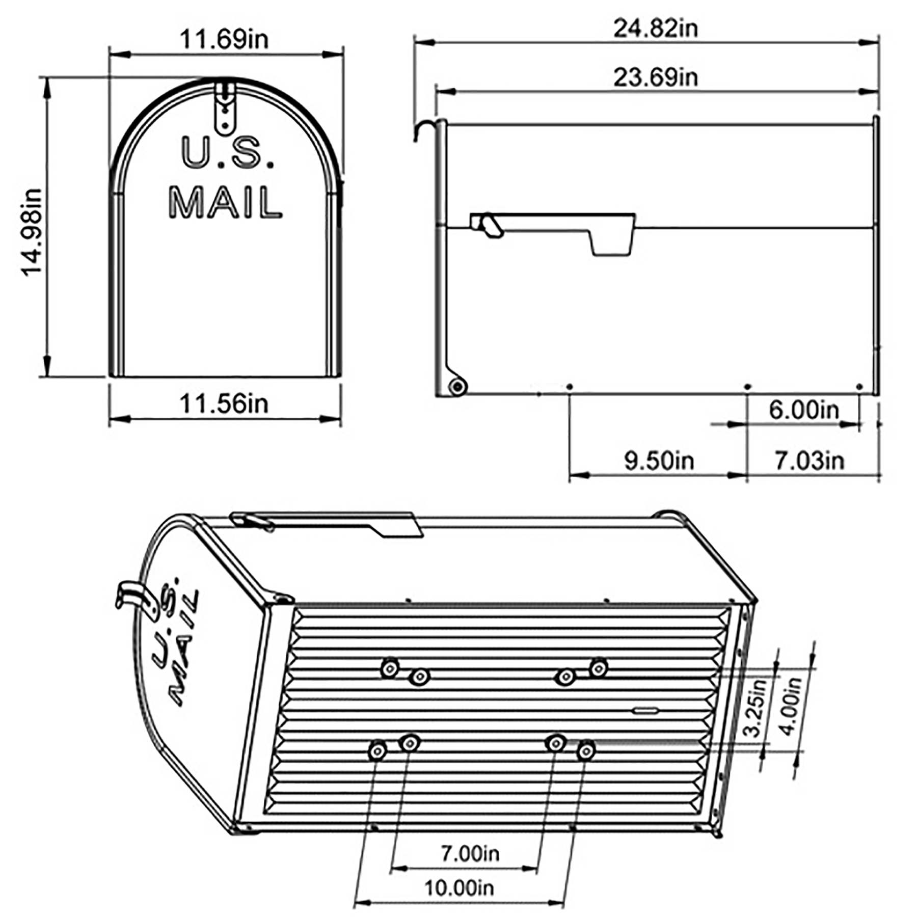 Technical drawings of a U.S. Mail mailbox (front, side, and isometric views) with overall dimensions and slot details.