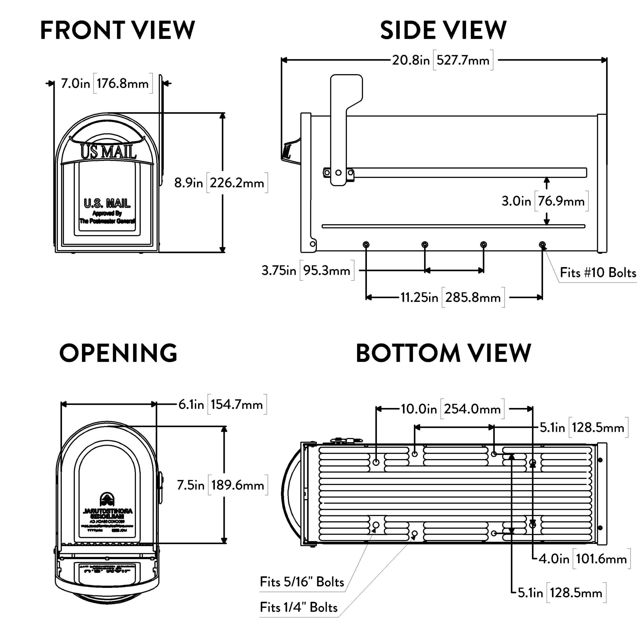 Technical blueprint of a USPS-style mailbox showing front, side, bottom, and opening views with dimensions and bolt hole locations.