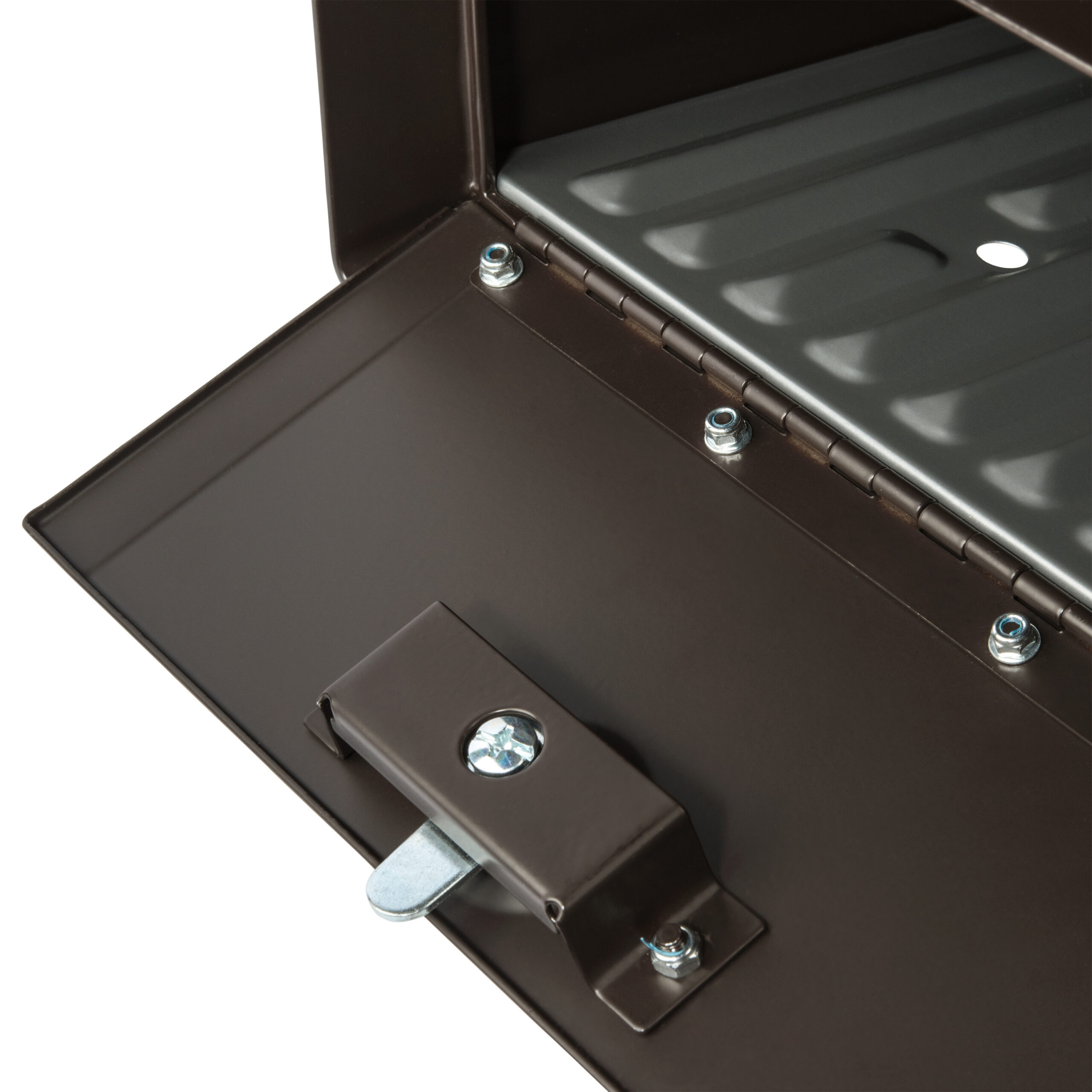Close-up of a brown metal latch on a cabinet, showing a locking bolt and mounting screws.