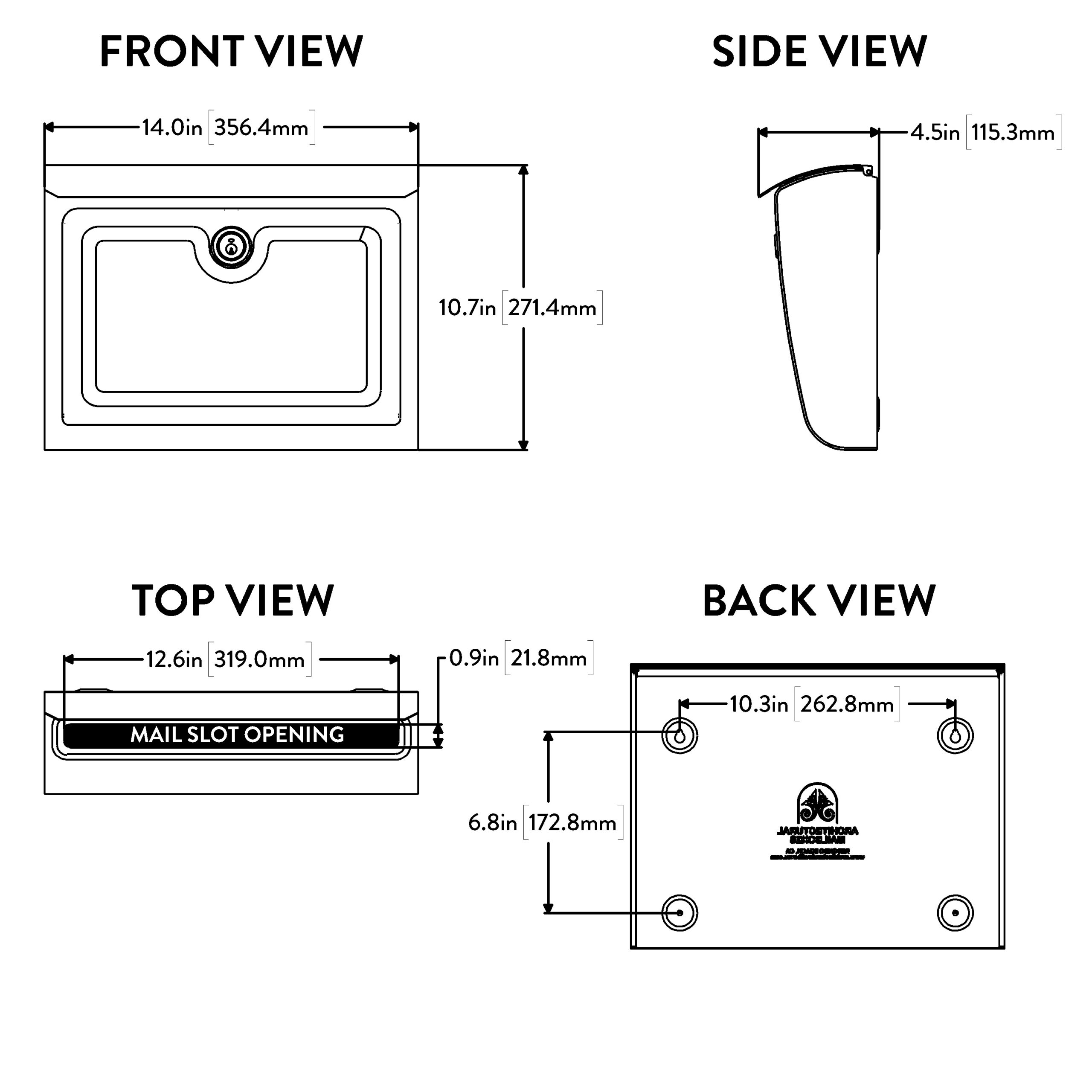 Technical drawing of a wall-mounted mail slot showing front, side, top, and back views with dimensions on each view.