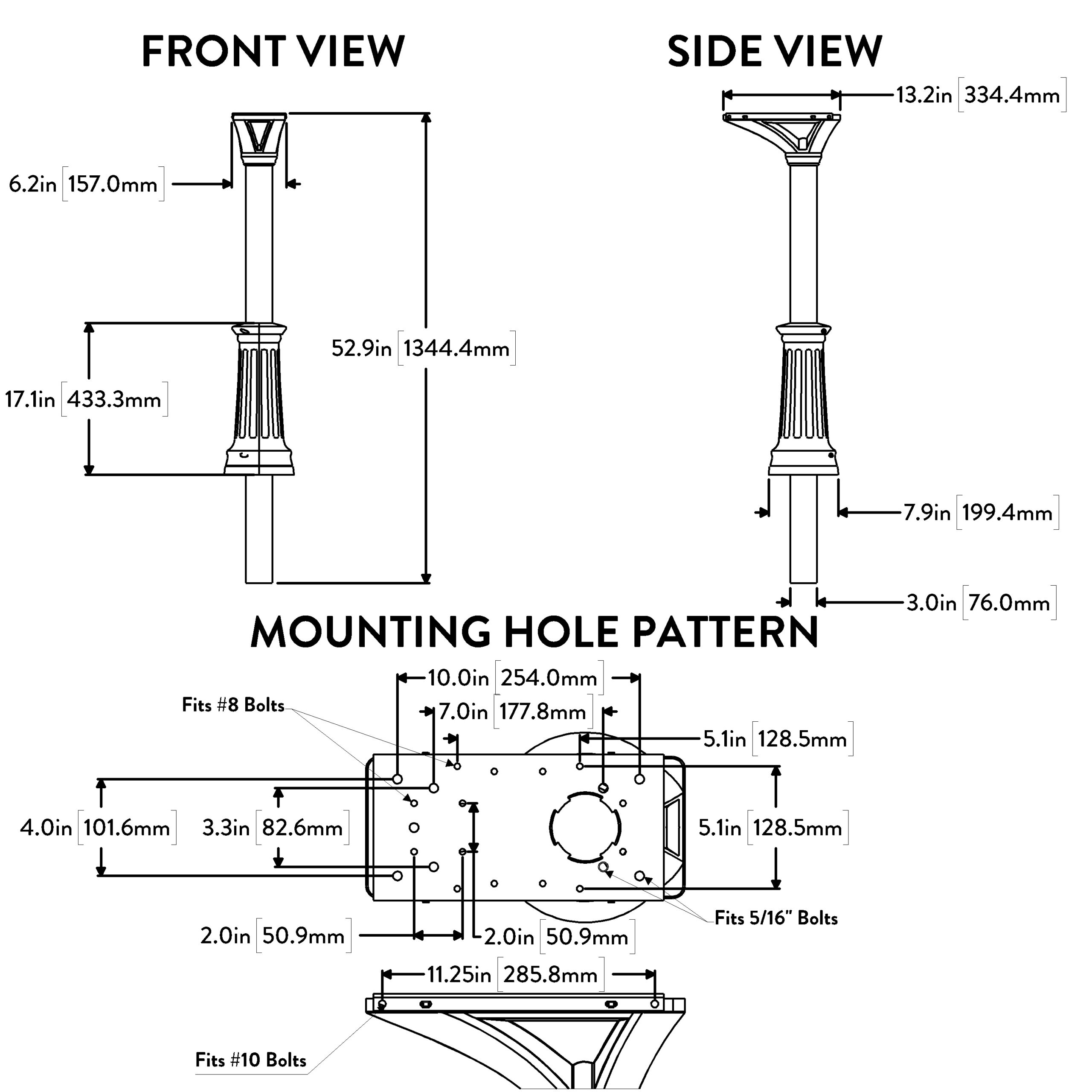 Informational diagram of a street light fixture with front and side views and a detailed mounting hole pattern, including bolt sizes and precise in/mm dimensions for installation.