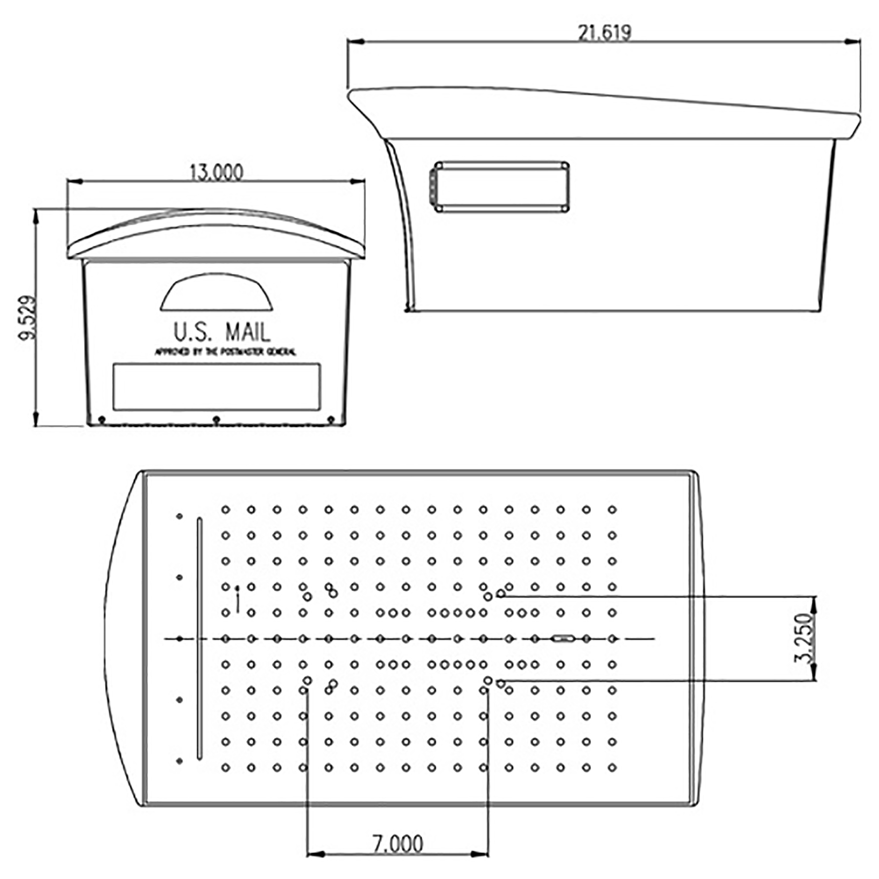 Technical drawing of a curbside U.S. Mail collection box with side and front views and measurement labels.