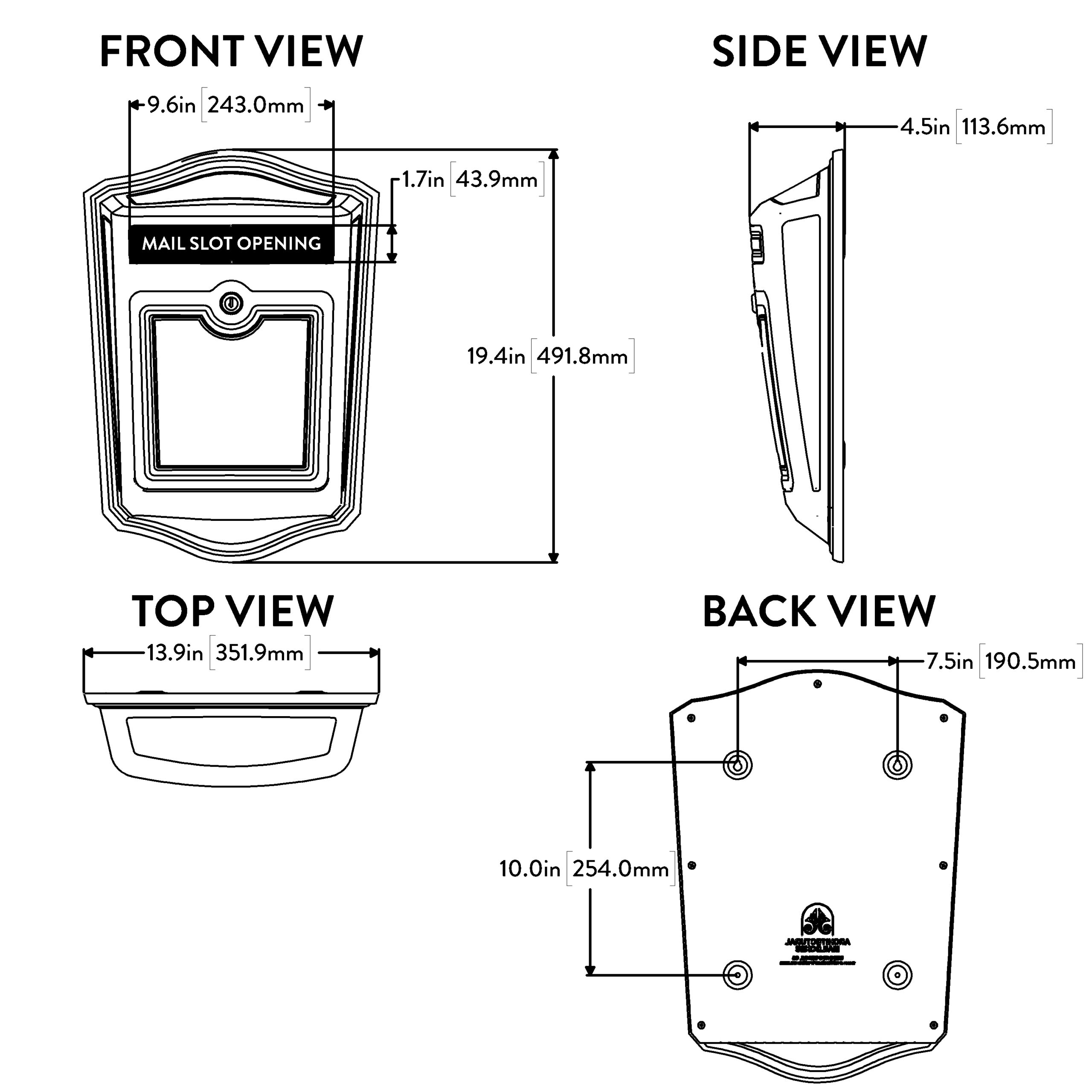 Engineering drawing of a wall-mounted mail slot showing front, side, top, and back views with labeled dimensions in inches and millimeters.