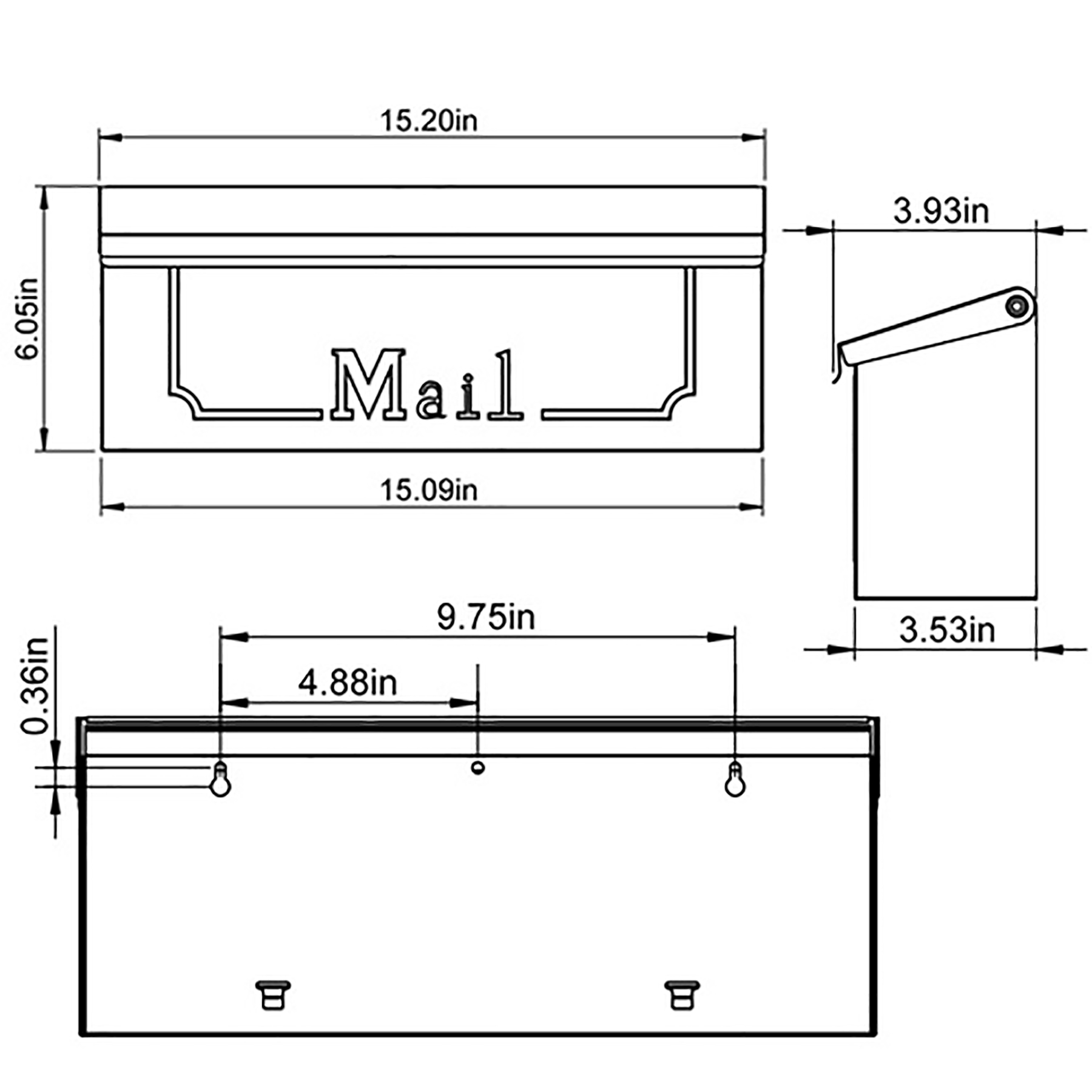Technical drawing of a wall-mounted mailbox with lid and 'Mail' label, with dimensions shown (15 in wide).