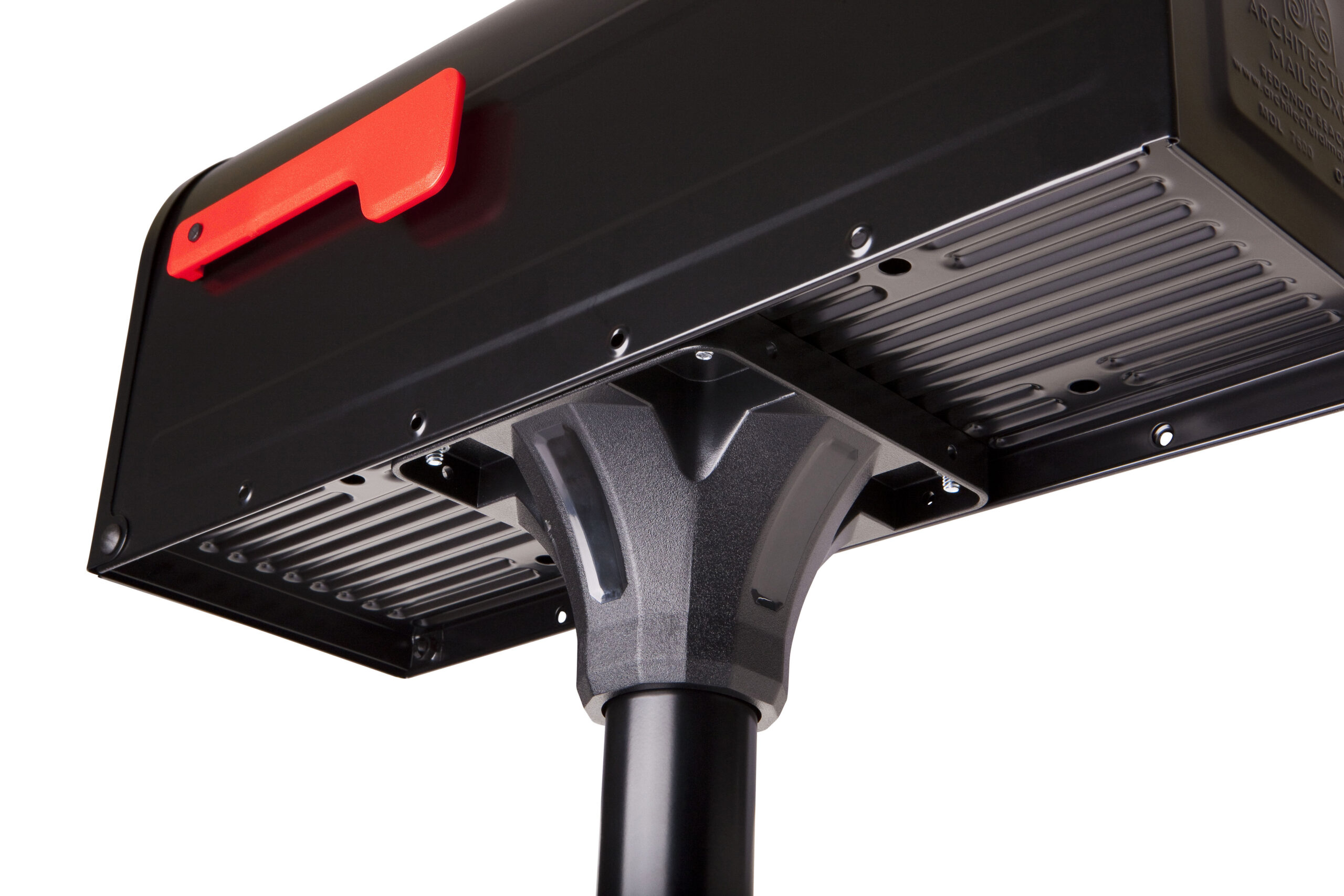 Close-up of a floor-cleaning tool head attached to a metal pole, featuring a red latch/lever and gray mounting joint.