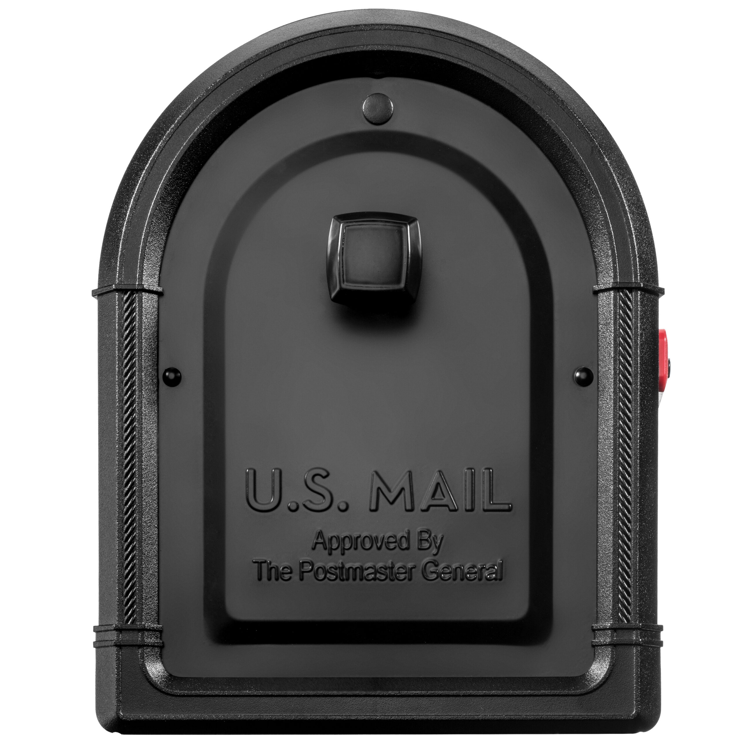 Black curved-top mailbox with a square front door latch and 'U.S. Mail' embossed on the door, plus a red side flag.