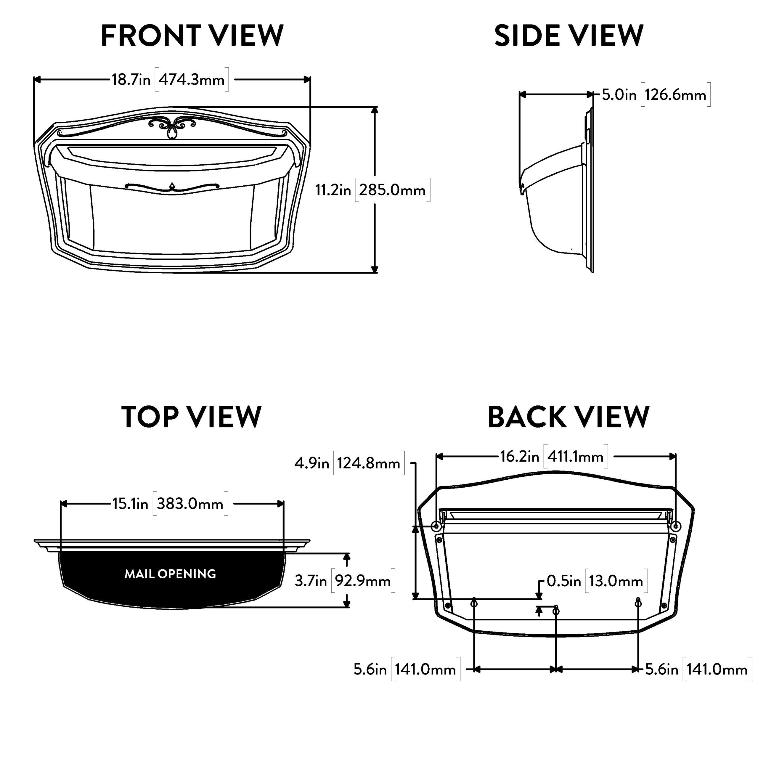 Technical drawing of a decorative wall mailbox with front, side, top, and back views and labeled dimensions in inches and millimeters.