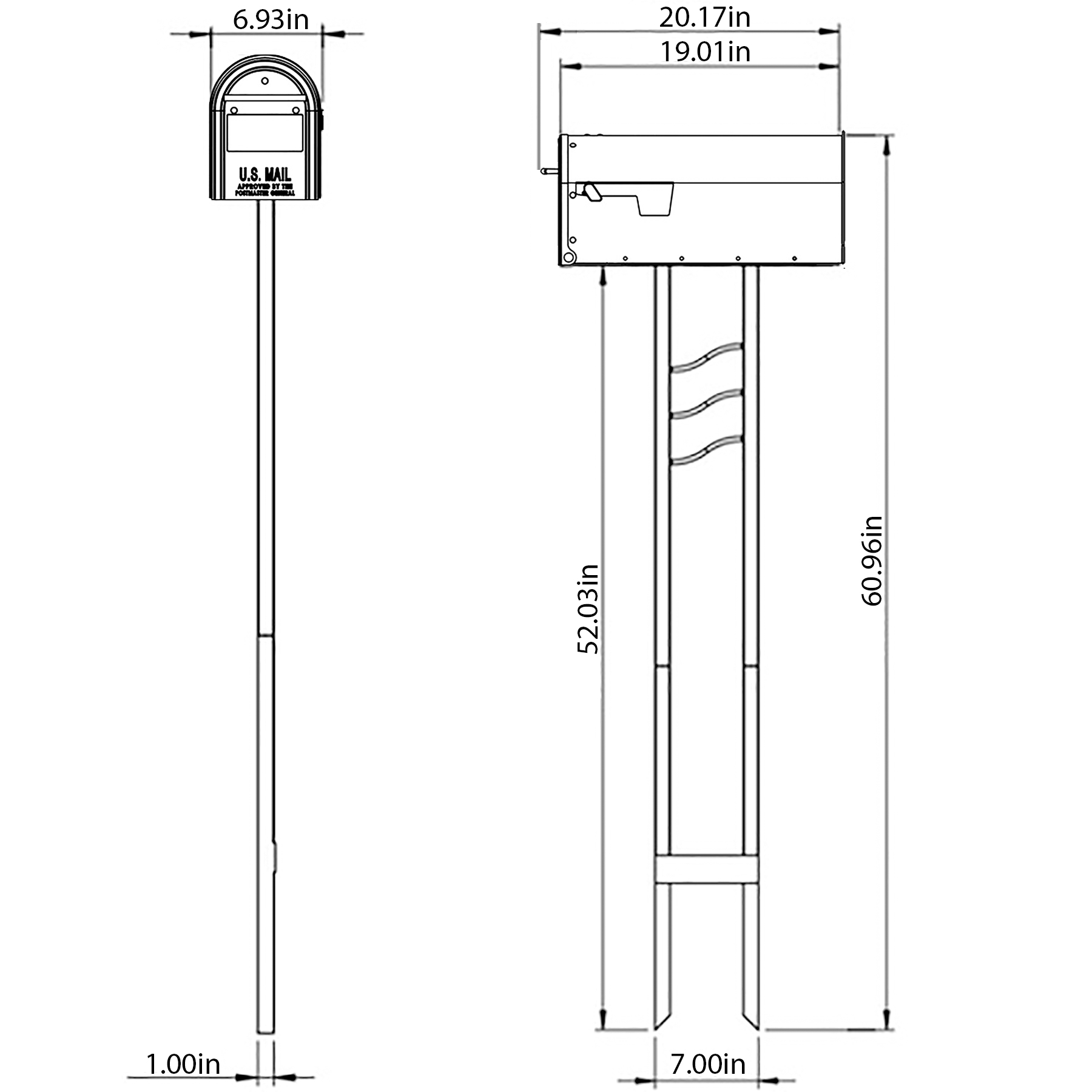 Engineering schematic of a curbside mailbox on a tall post, with dimensions: overall height about 60.96 in; mailbox length ~20.17 in and width ~6.93 in; base width ~7 in.