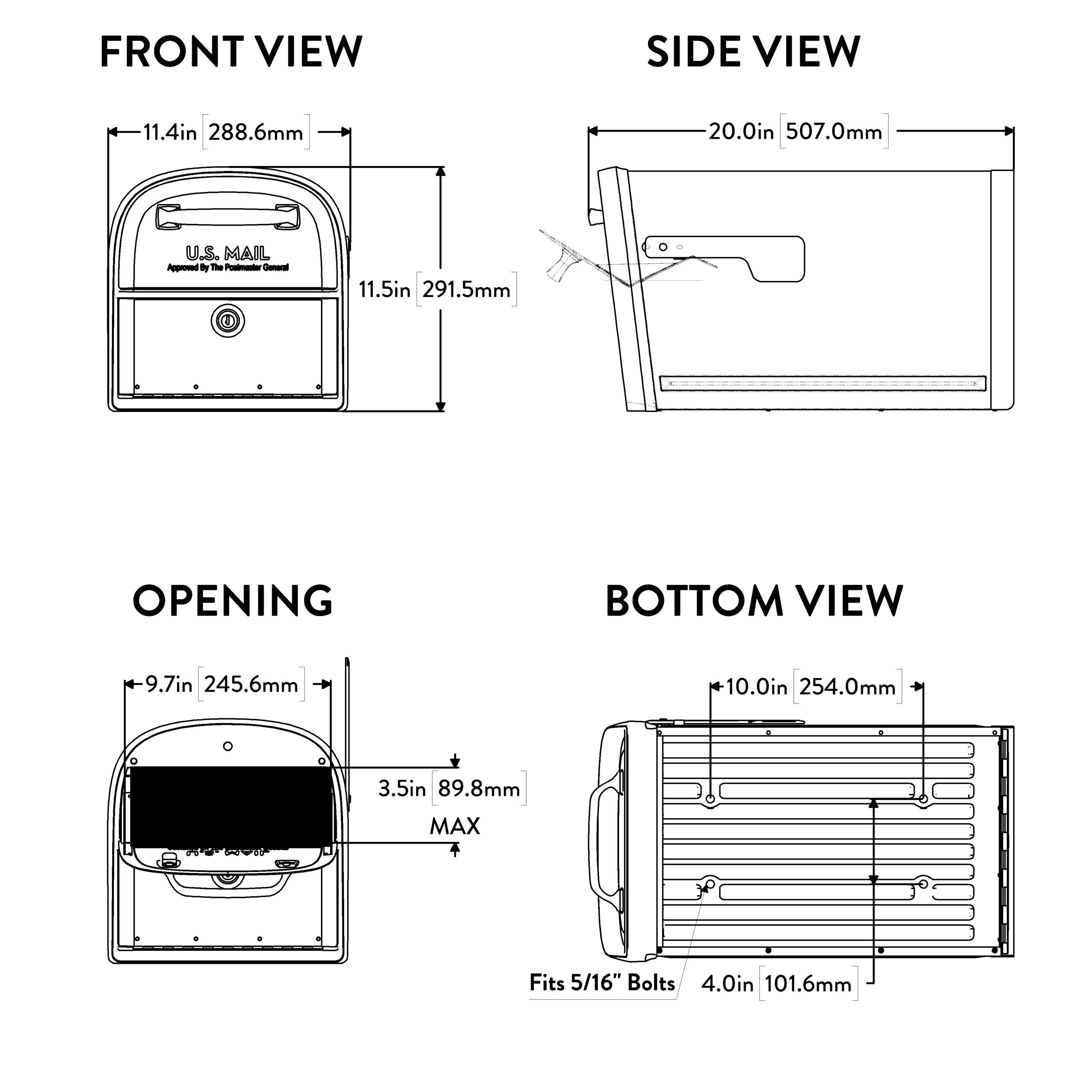 Product diagram showing four views (front, side, opening, bottom) of a compact mailbox with dimensions: ~11.4 in wide, 11.5 in tall (front); 20 in deep (side); opening width 9.7 in and max height 3.5 in (opening). Bottom view shows bolt holes and mounting area.