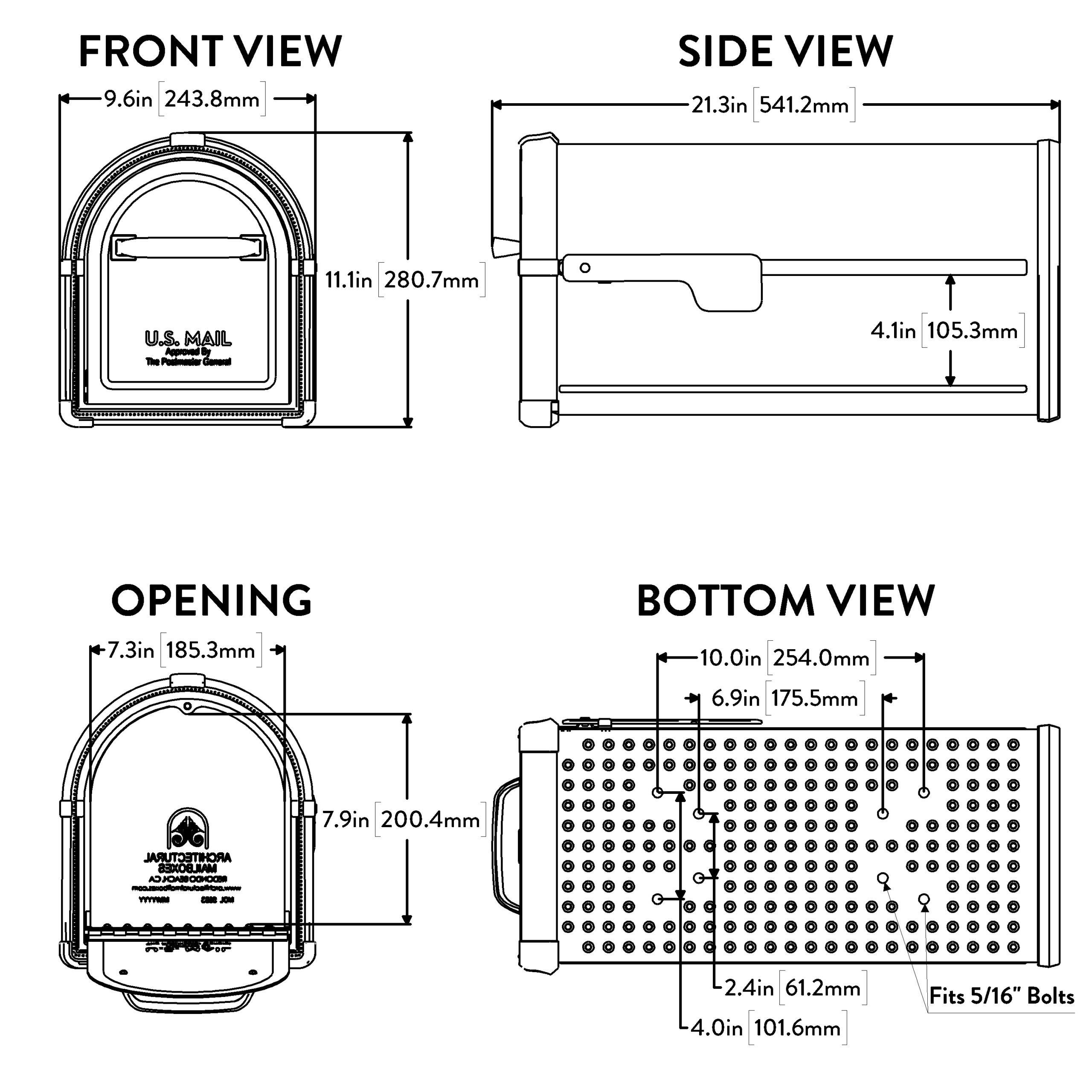 Technical drawing of a mailbox with front, side, opening, and bottom views and dimensions in inches and millimeters.