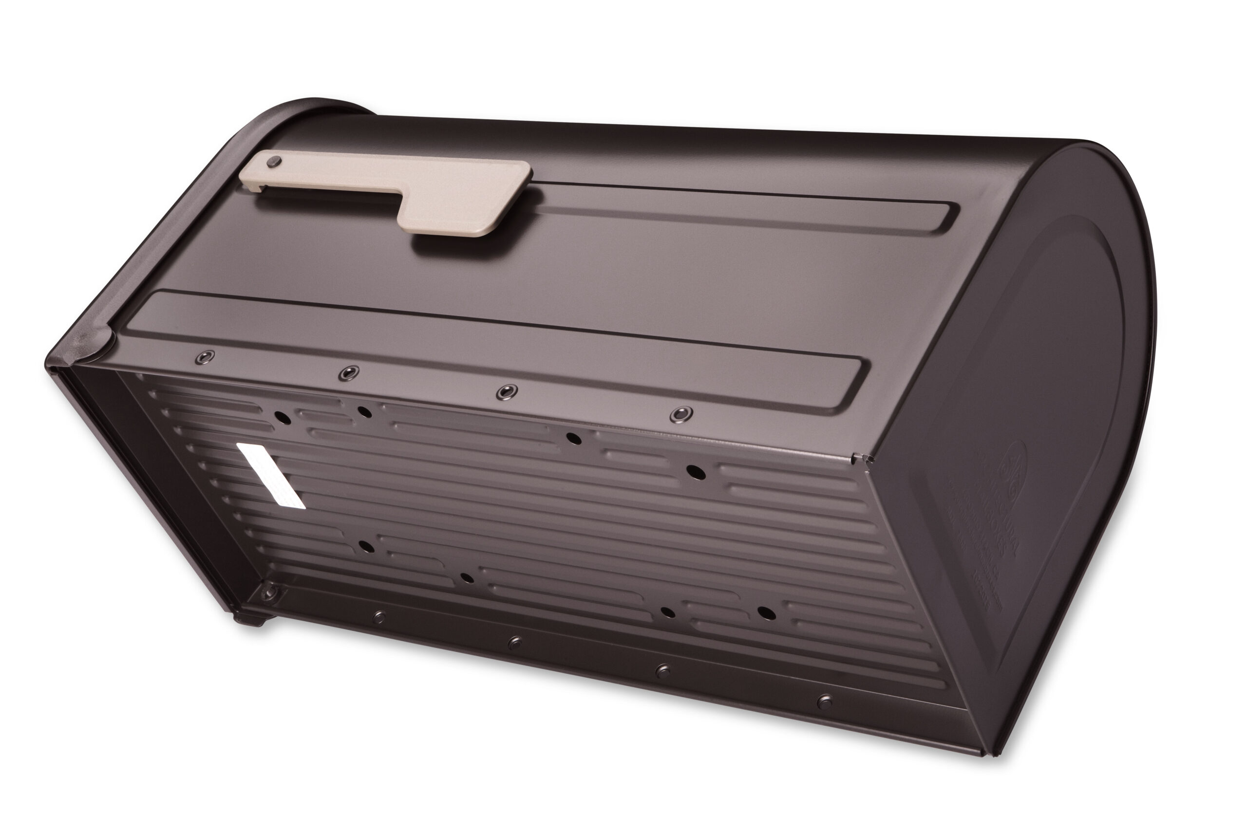 Curved-topped metal mailbox with a white flag, shown from a side angle.