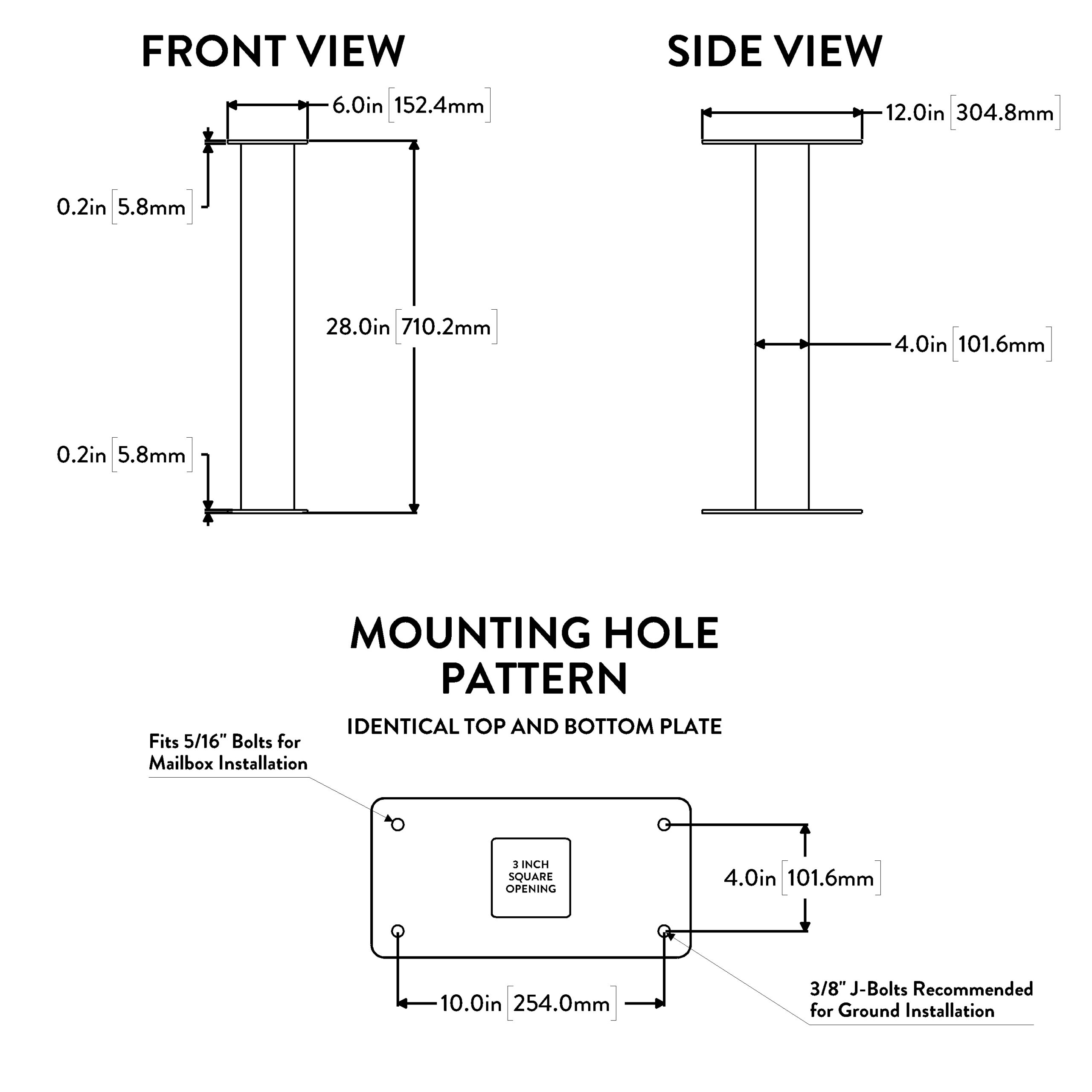 Engineering diagram of a pedestal with front and side views and a mounting pattern for mailbox installation (28 in height, 6 in top plate, 12 in side width, 4 in hole offset).
