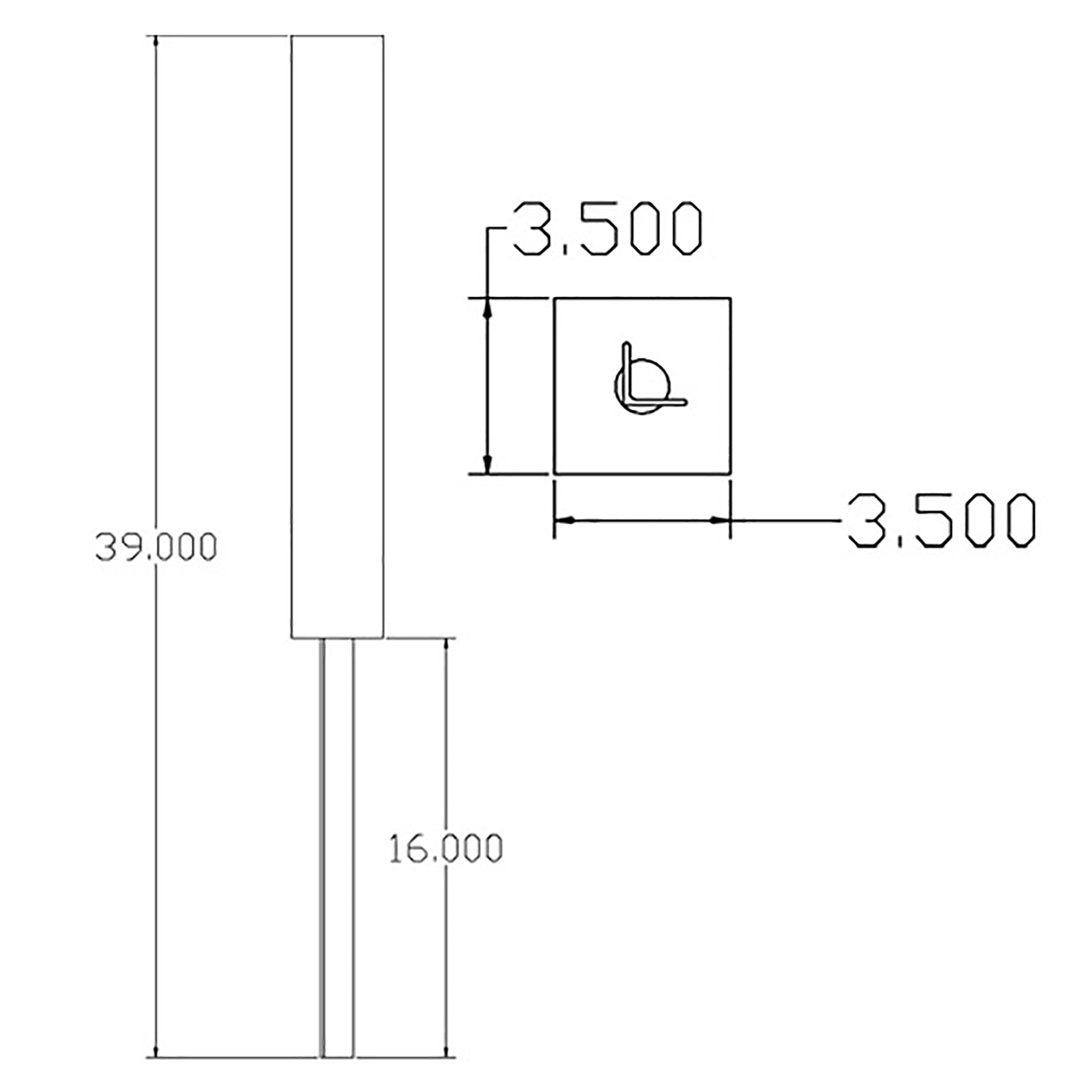 Engineering side view: tall vertical pillar with a base extension, and a right-side square block offset from the pillar; dimension lines show overall height 39,000 and base/offset dimensions 3,500 by 3,500.