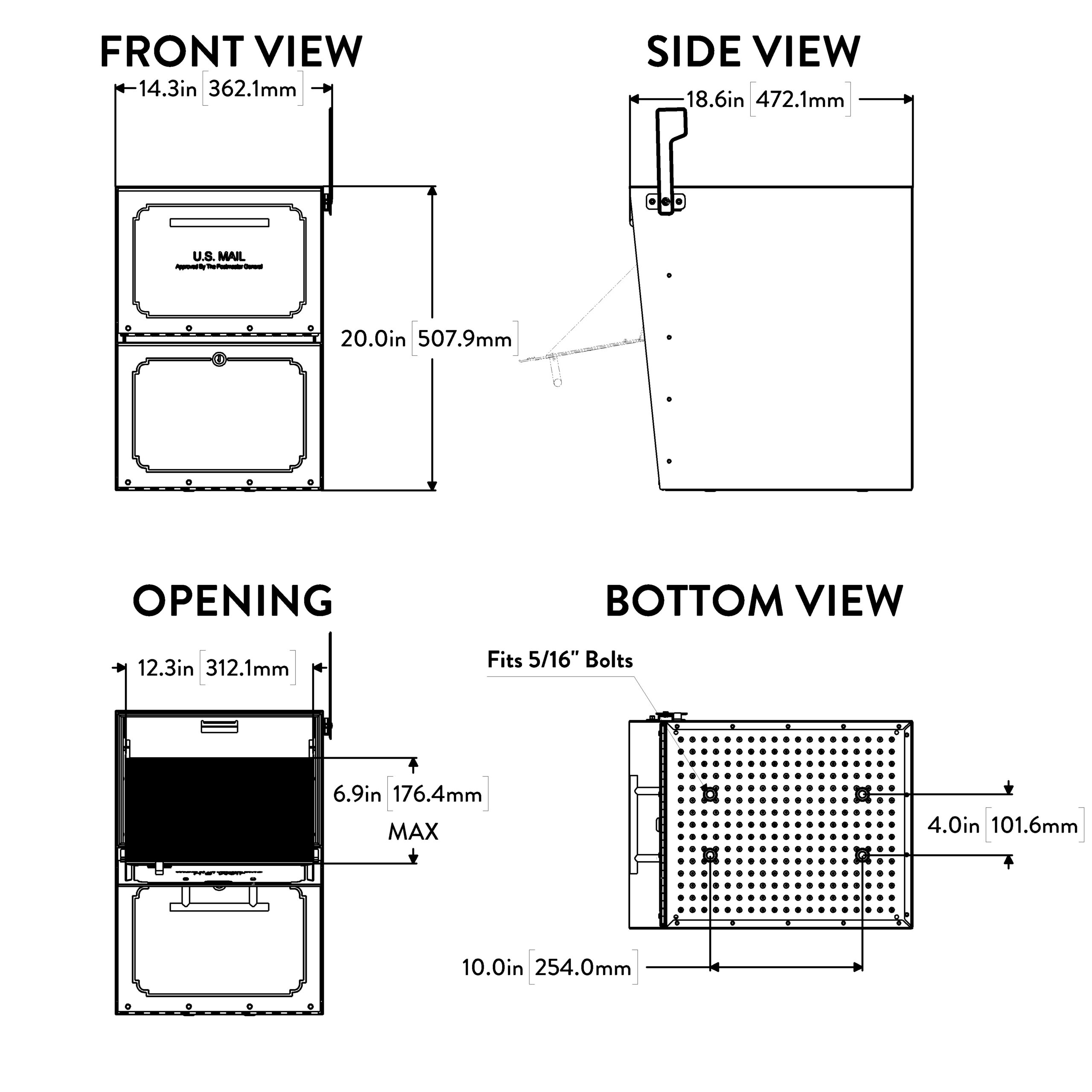 Technical drawings of a two-section appliance with front, side, opening, and bottom views and dimensional labels.