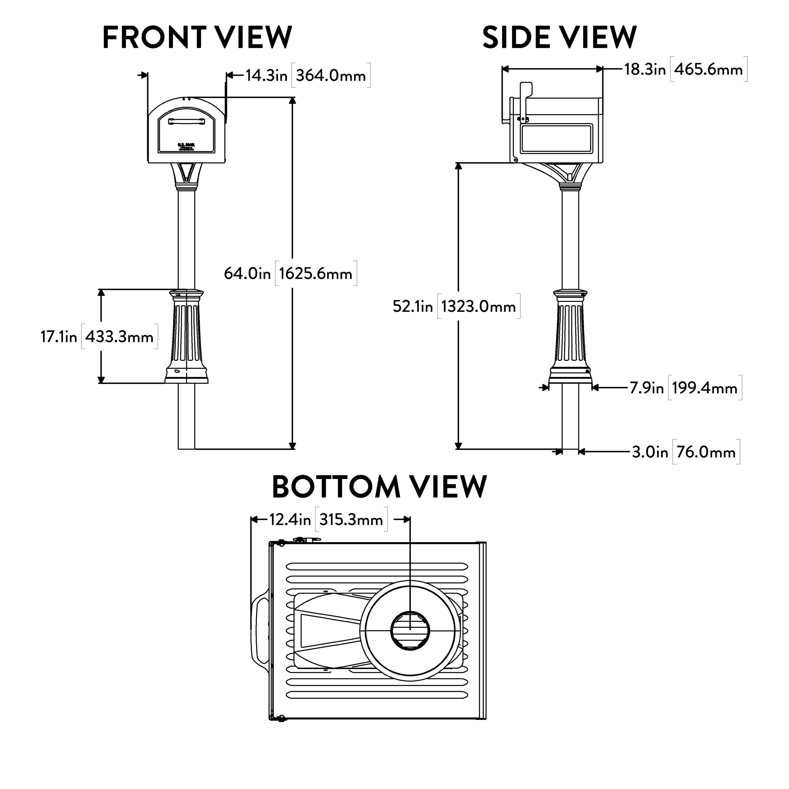 Three-view, dimensioned diagram of a post-mounted mailbox with an ornate post: front view, side view, and bottom view showing overall height and widths with measurements in inches and millimeters.