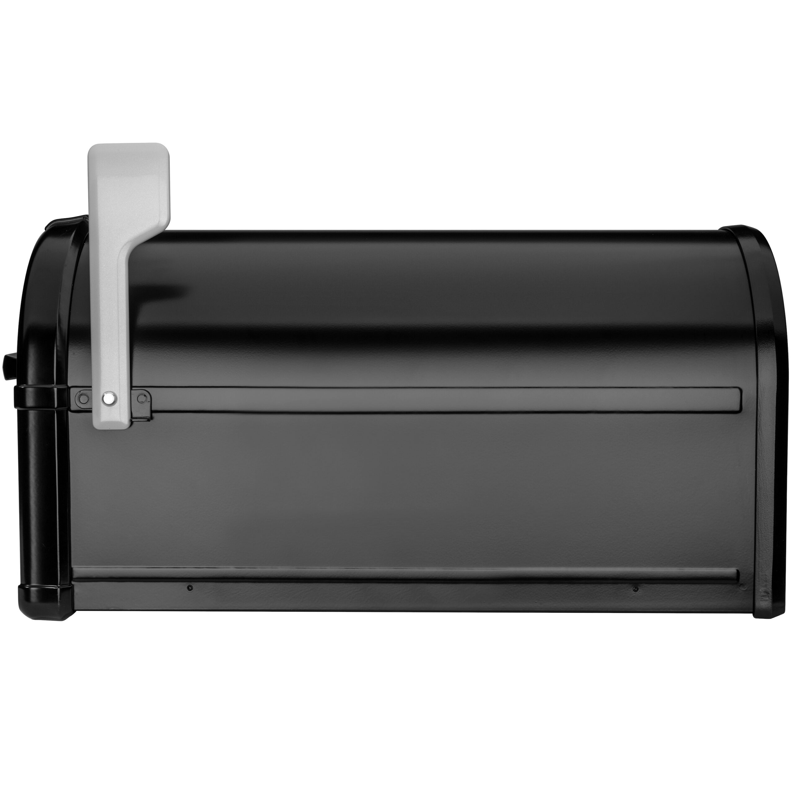 Black metal curbside mailbox with a raised white flag indicating outgoing mail