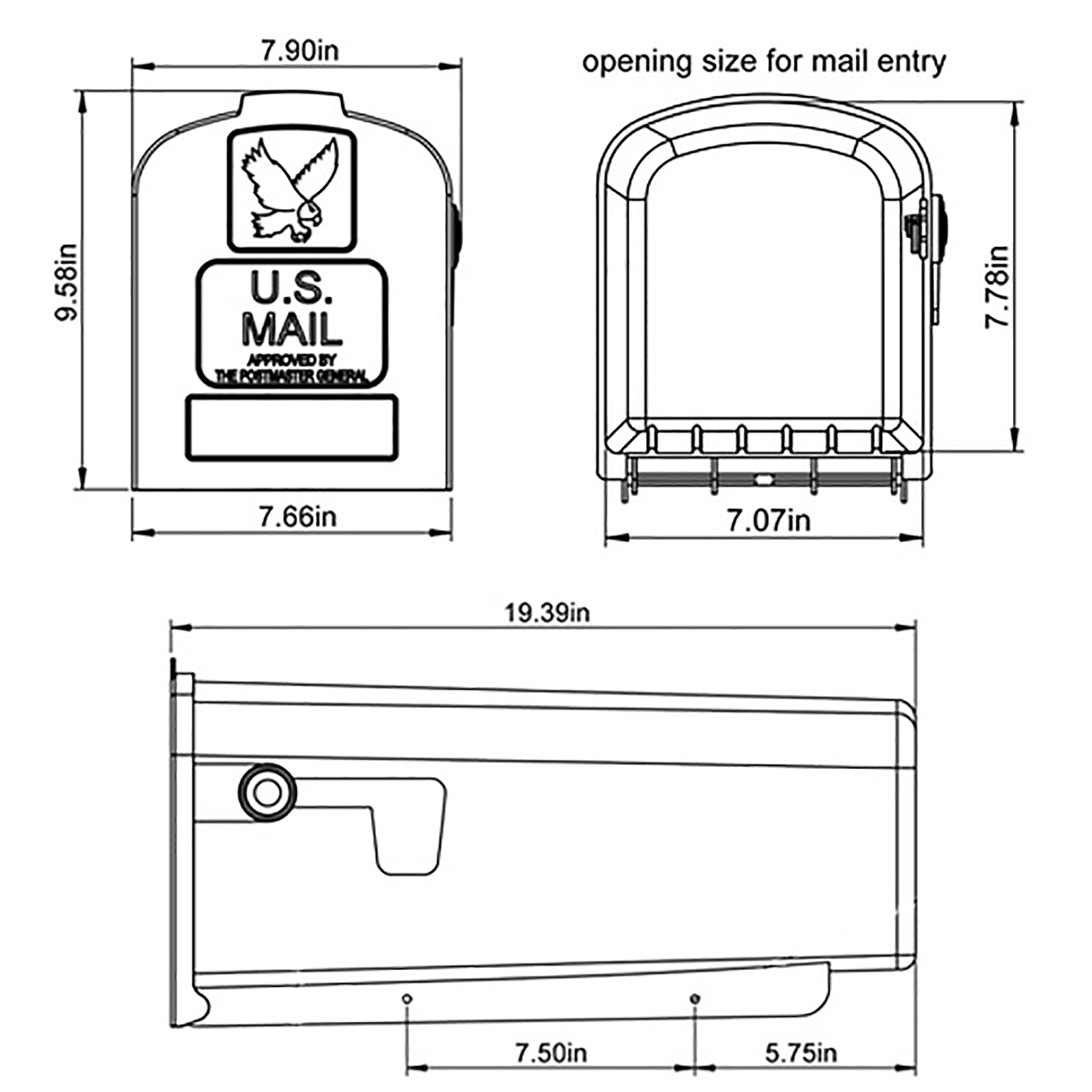 Compact mailbox schematic with a US Mail label; shows overall length 19.39 in, front width 7.66 in and height 9.58 in, and side opening area 7.78 in by 7.07 in.