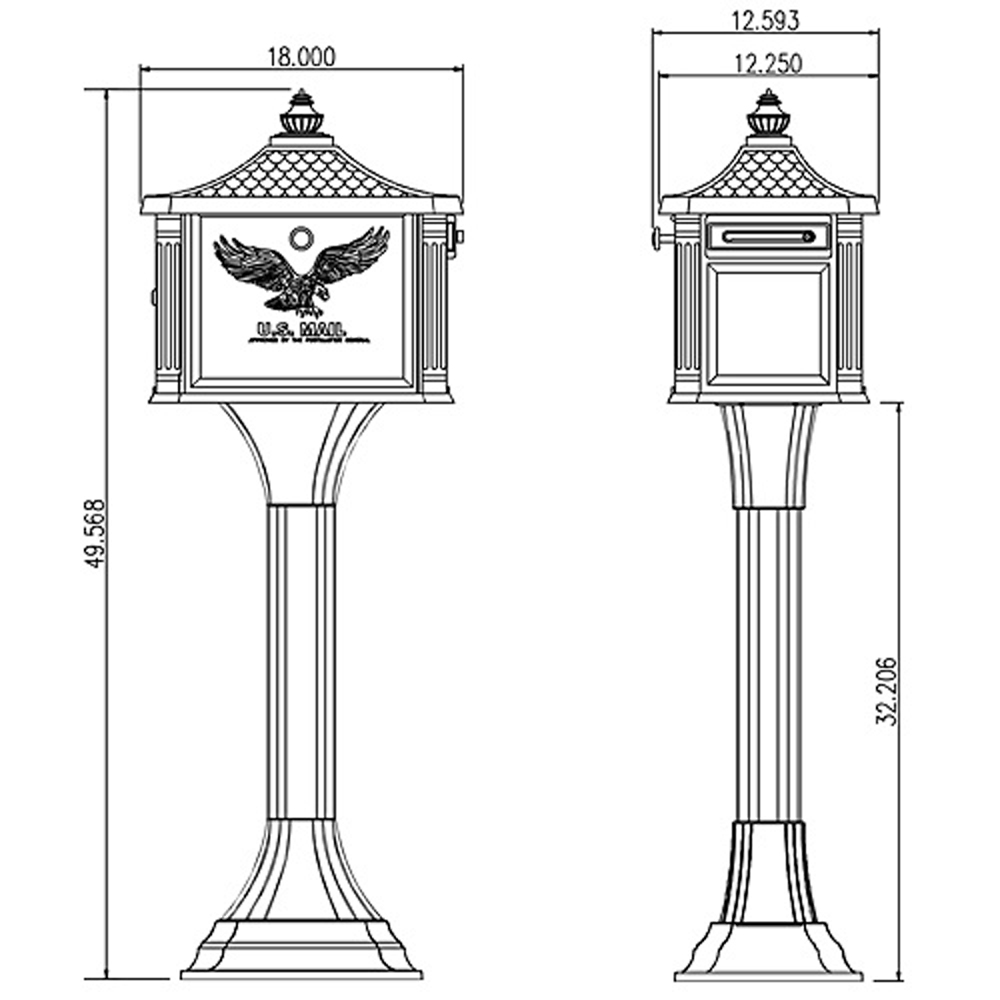 Dimensioned drawing of a pedestal mailbox with decorative roof and eagle emblem; shows front and side views with overall height about 49.57 inches and width 18 inches.