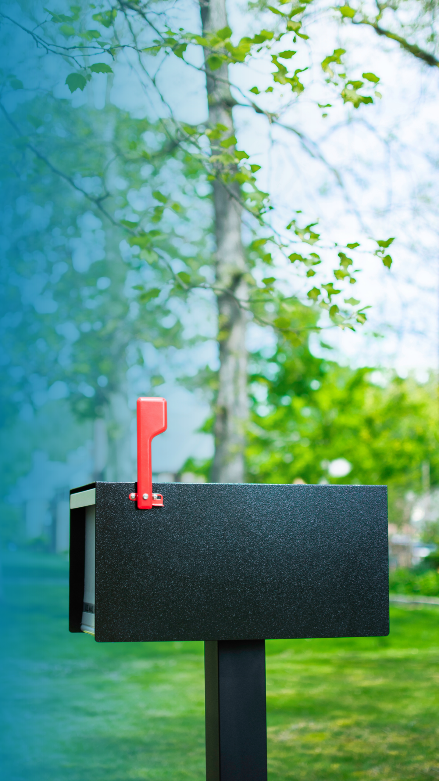 Black metal mailbox on a post with a red latch, outdoors among green trees.